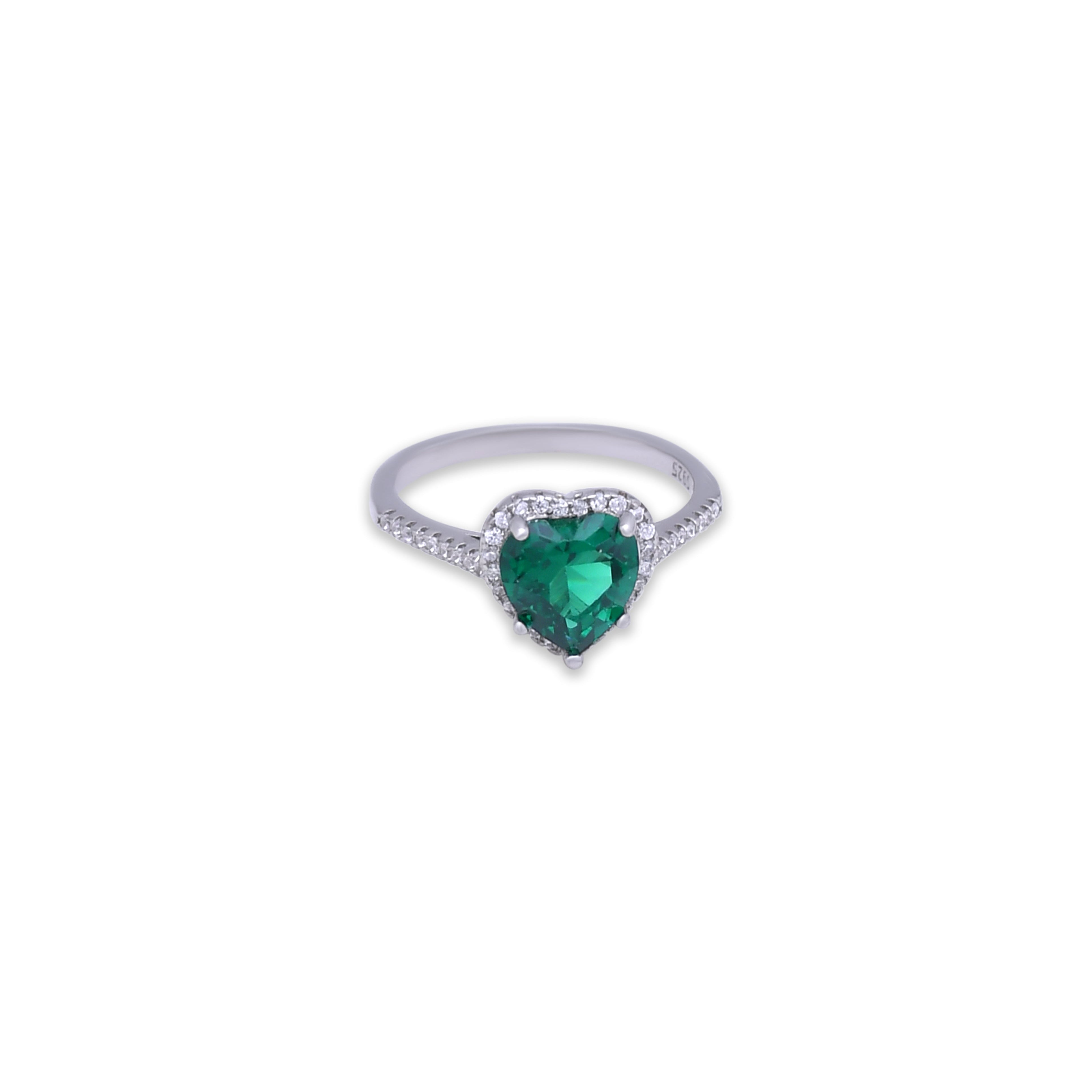 Emerald Heart Stone at Center Pure Silver Party Ring- Free size