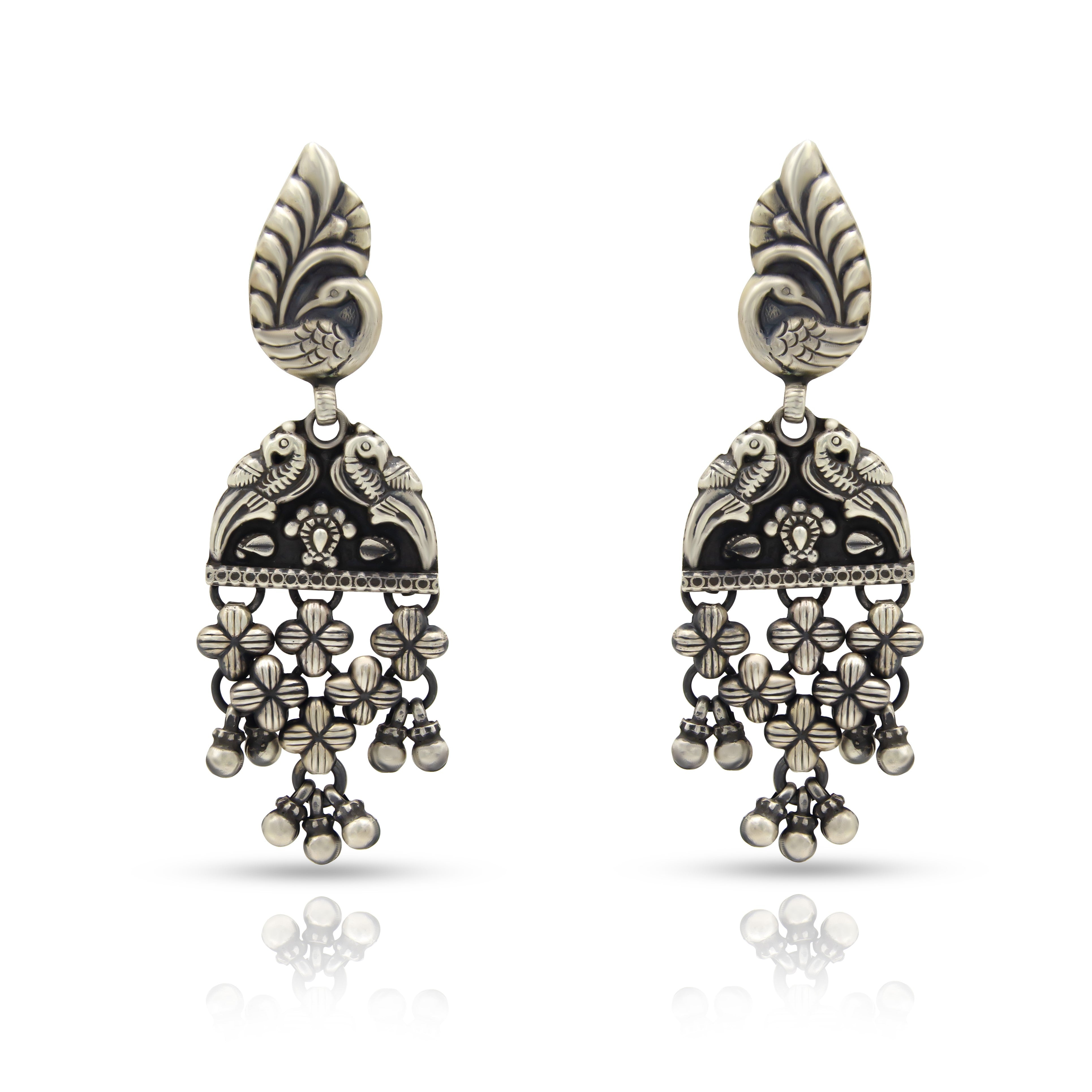 Peacock and Birds Hanging 925 Oxidised Silver Jhumkas