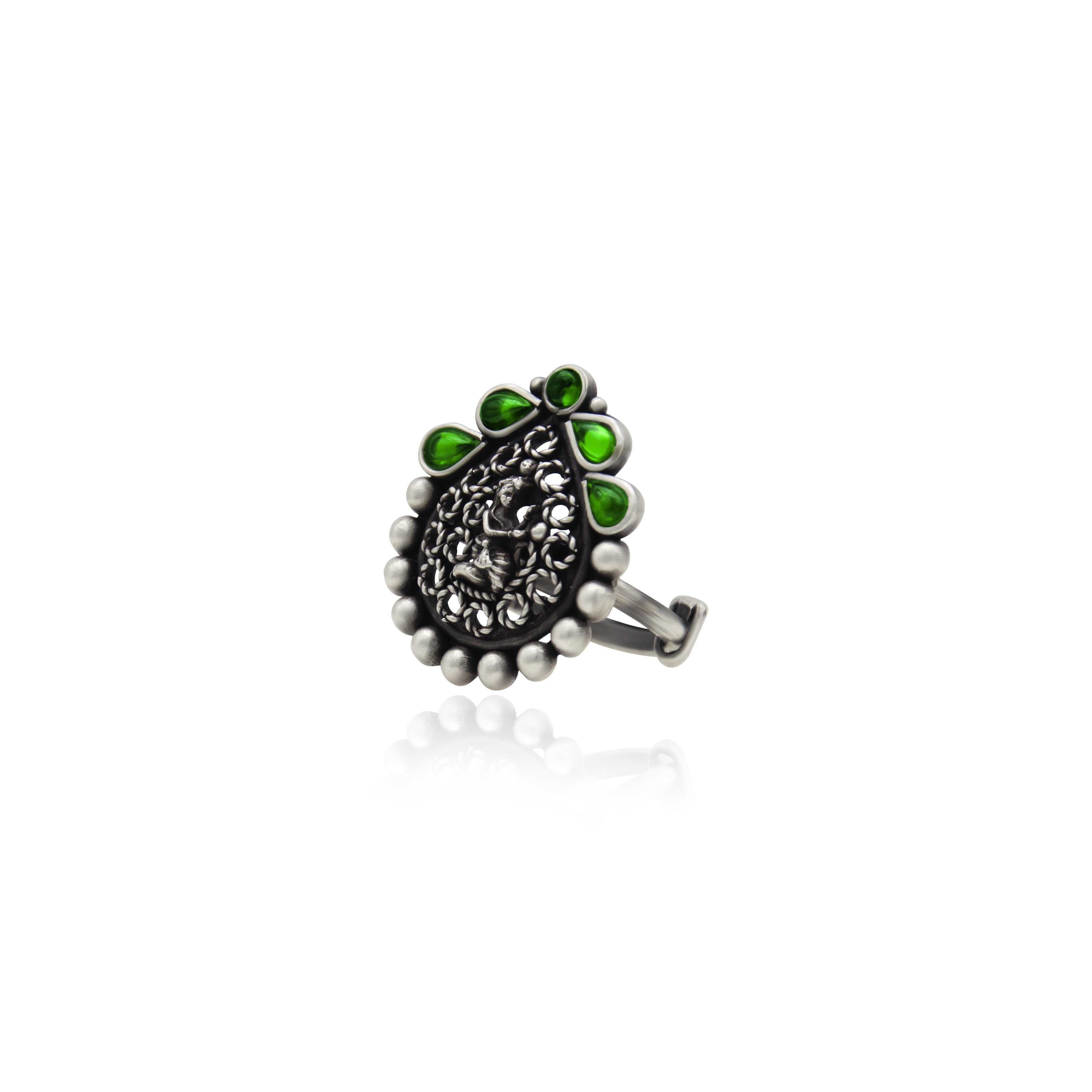 Women Curved Antique Emerald Stones 925 Oxidised Ring- Free size