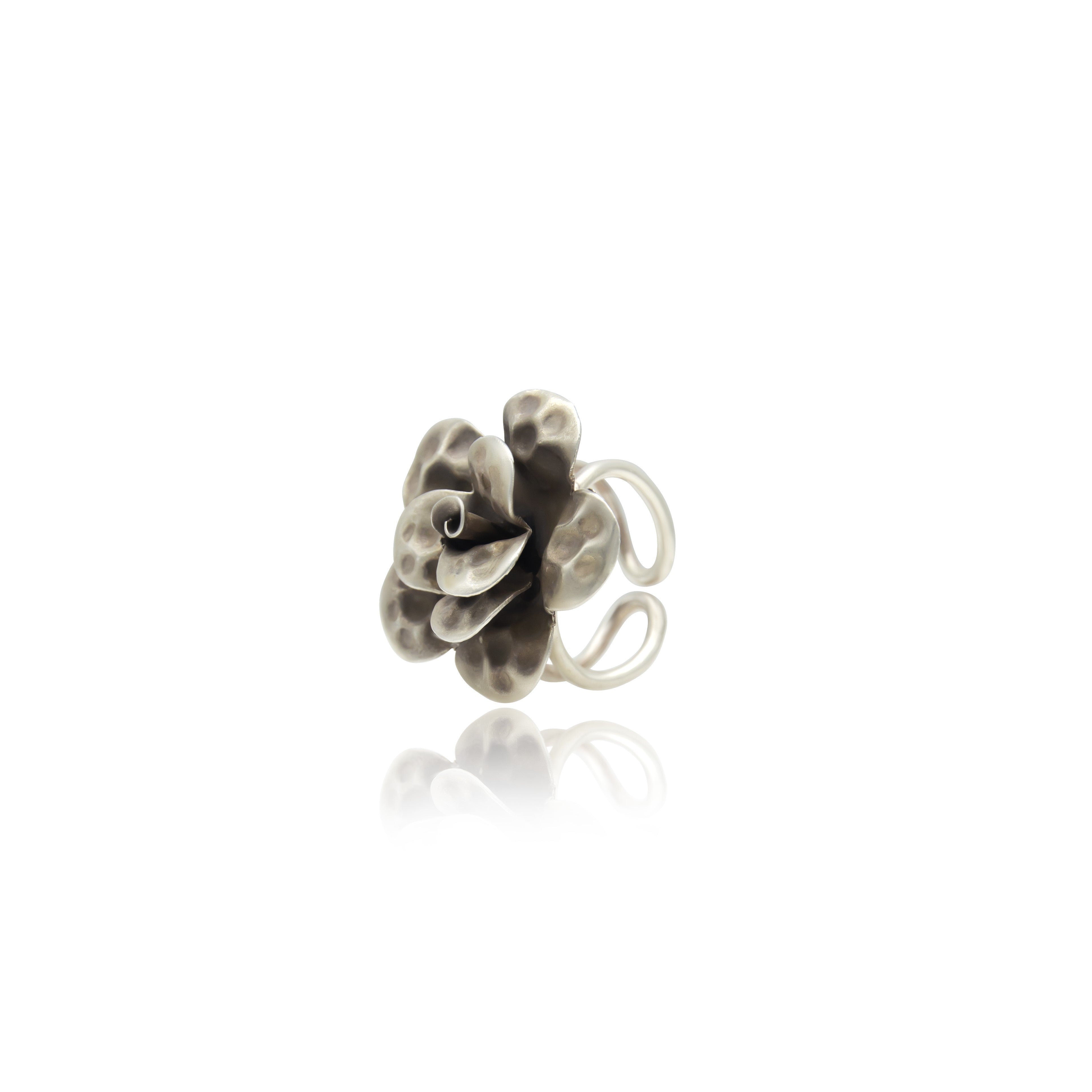 Open Rose Textured 925 Oxidised Ring- Free size