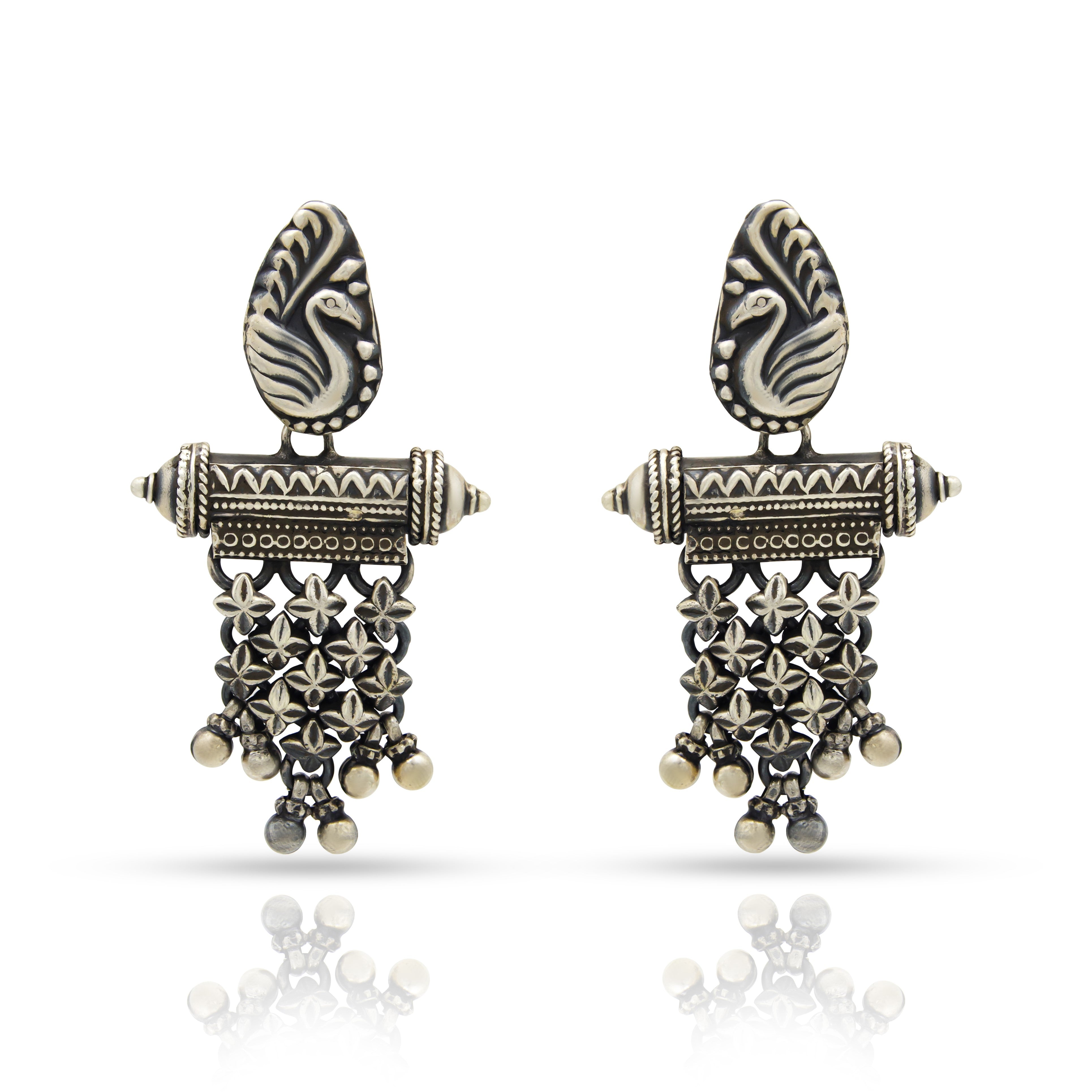 Ancient Peacock with clovers hanging 925 silver jhumkas