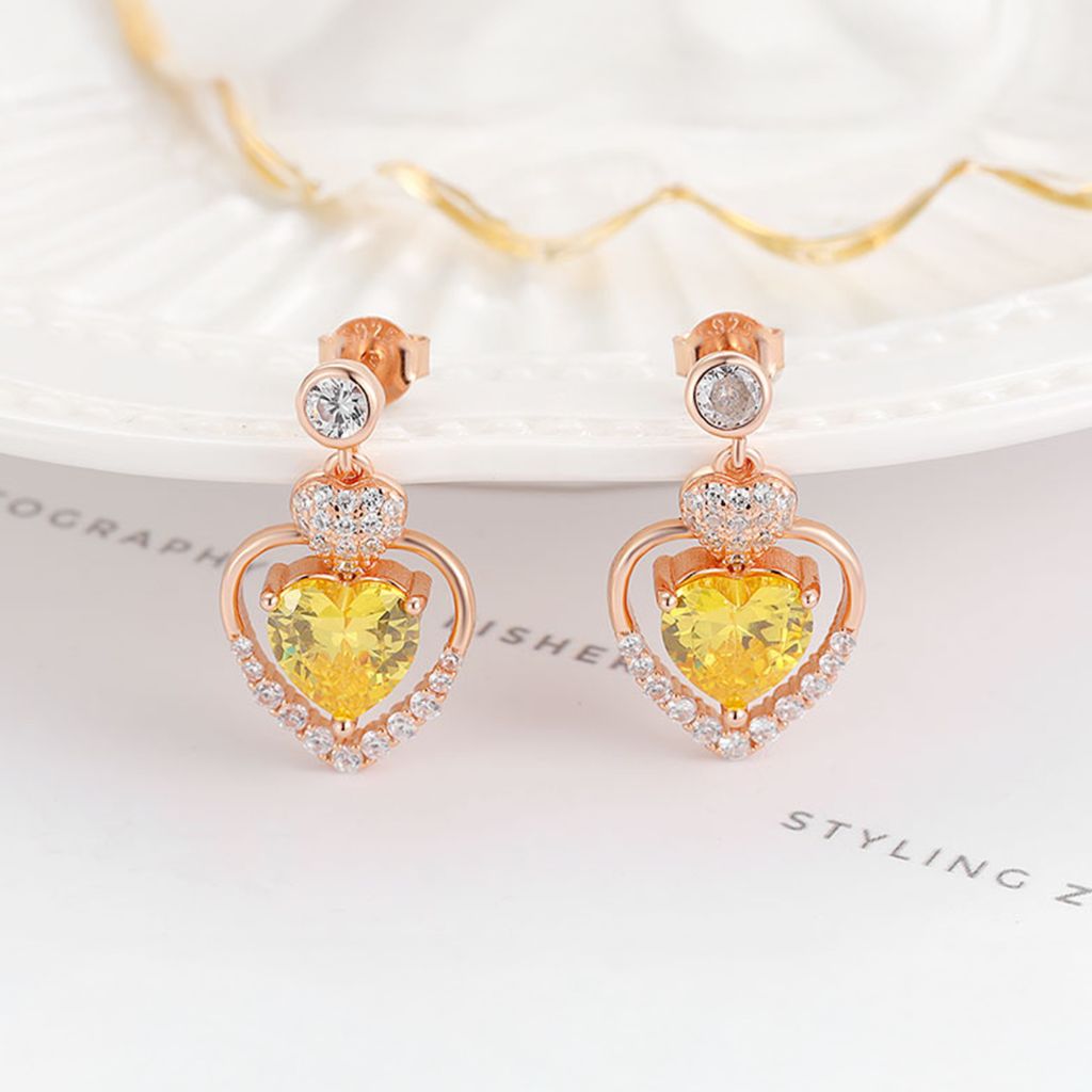 Yellow Stones Heart Drop Earrings in Rose Gold 925 Silver