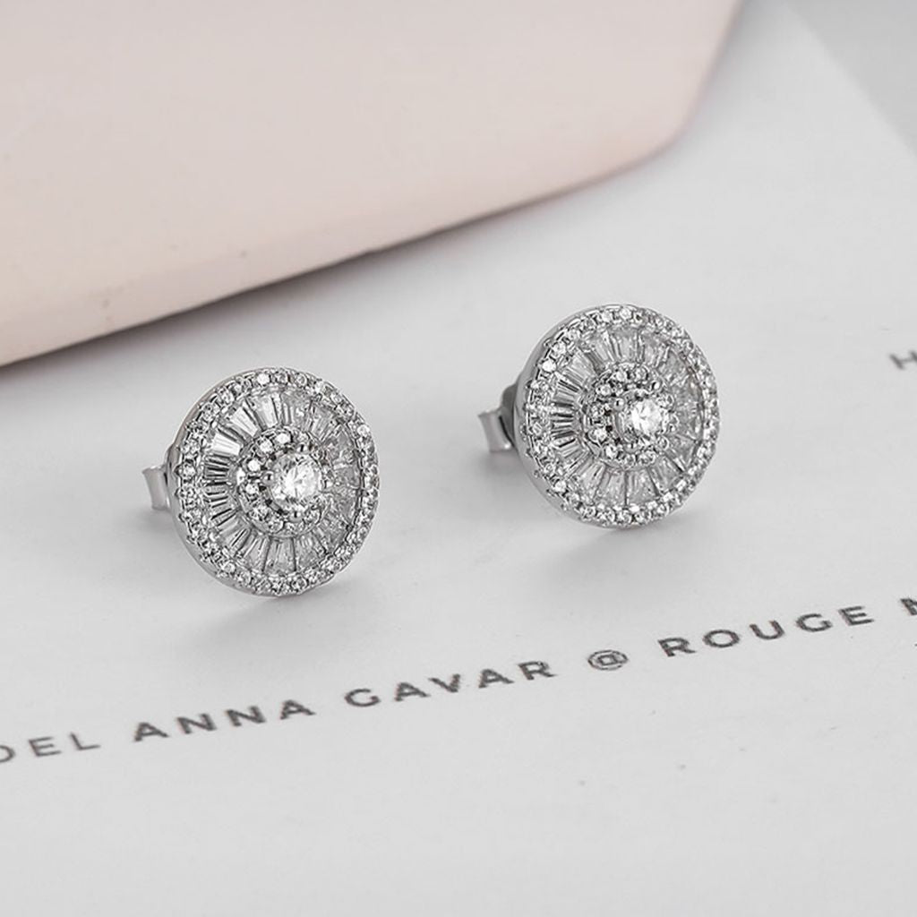 Lined Zircon Stones Studded Round Studs in 925 Silver