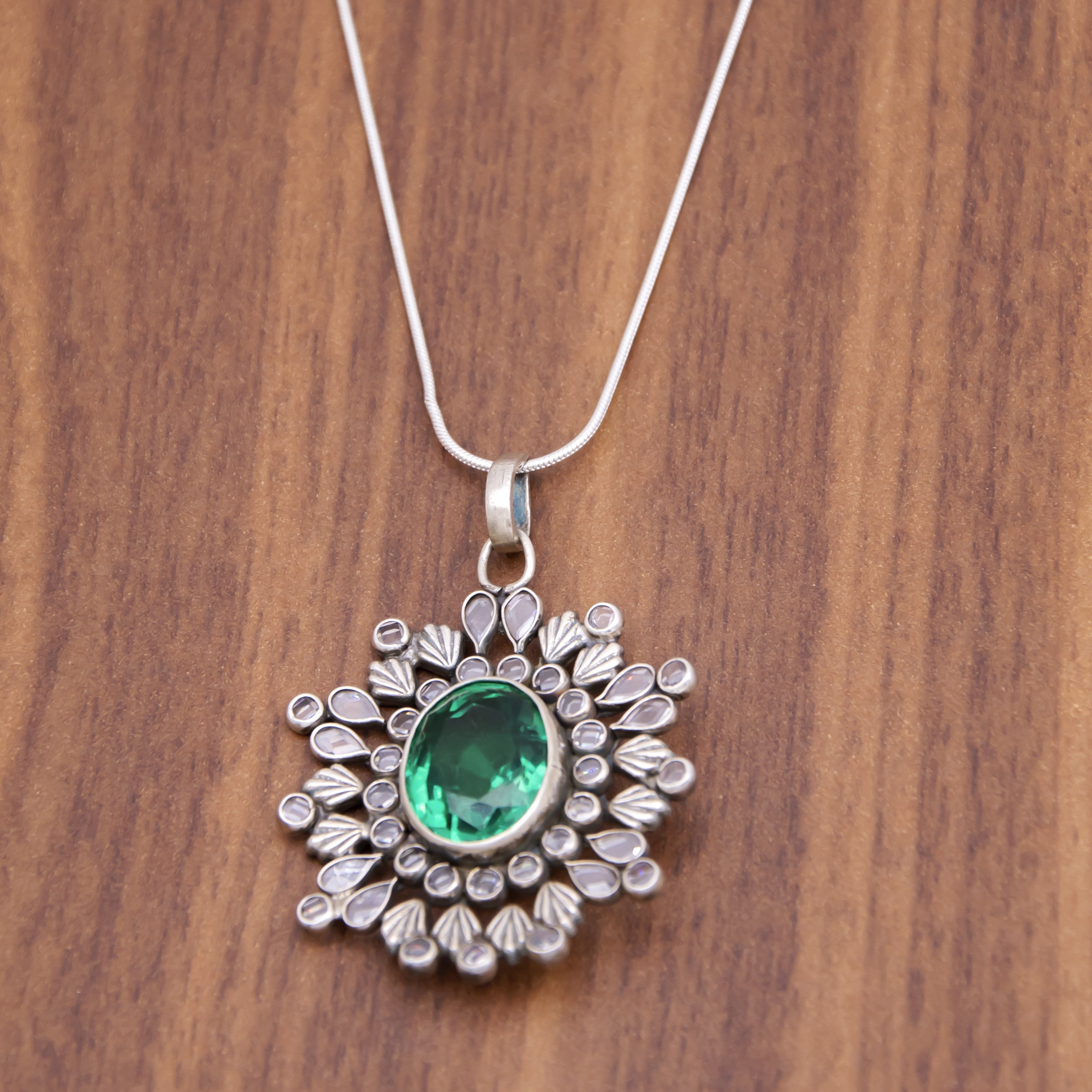 Emerald stone 925 oxidised silver pendant with minimal chain