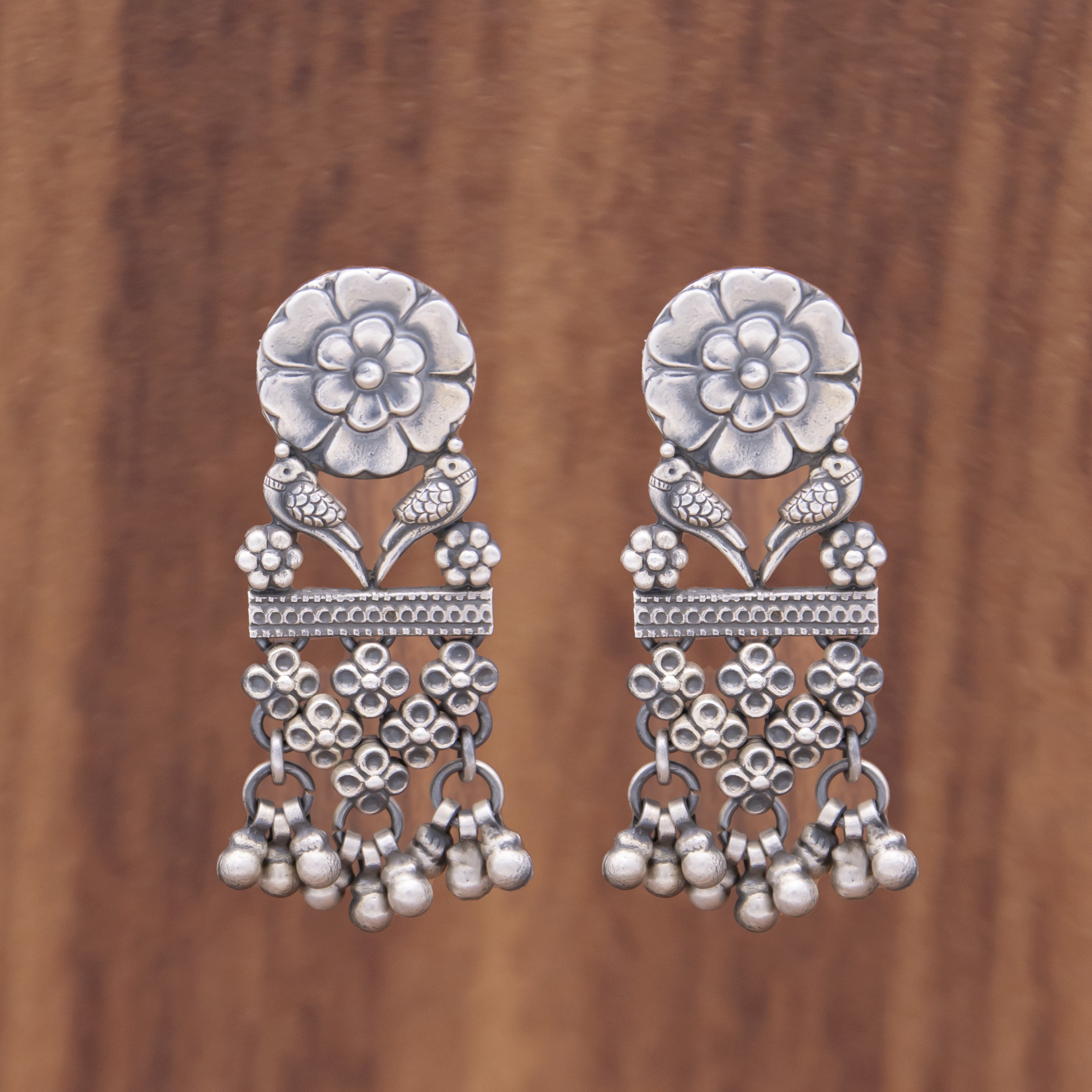 Birds with clovers hanging 925 silver jhumkas