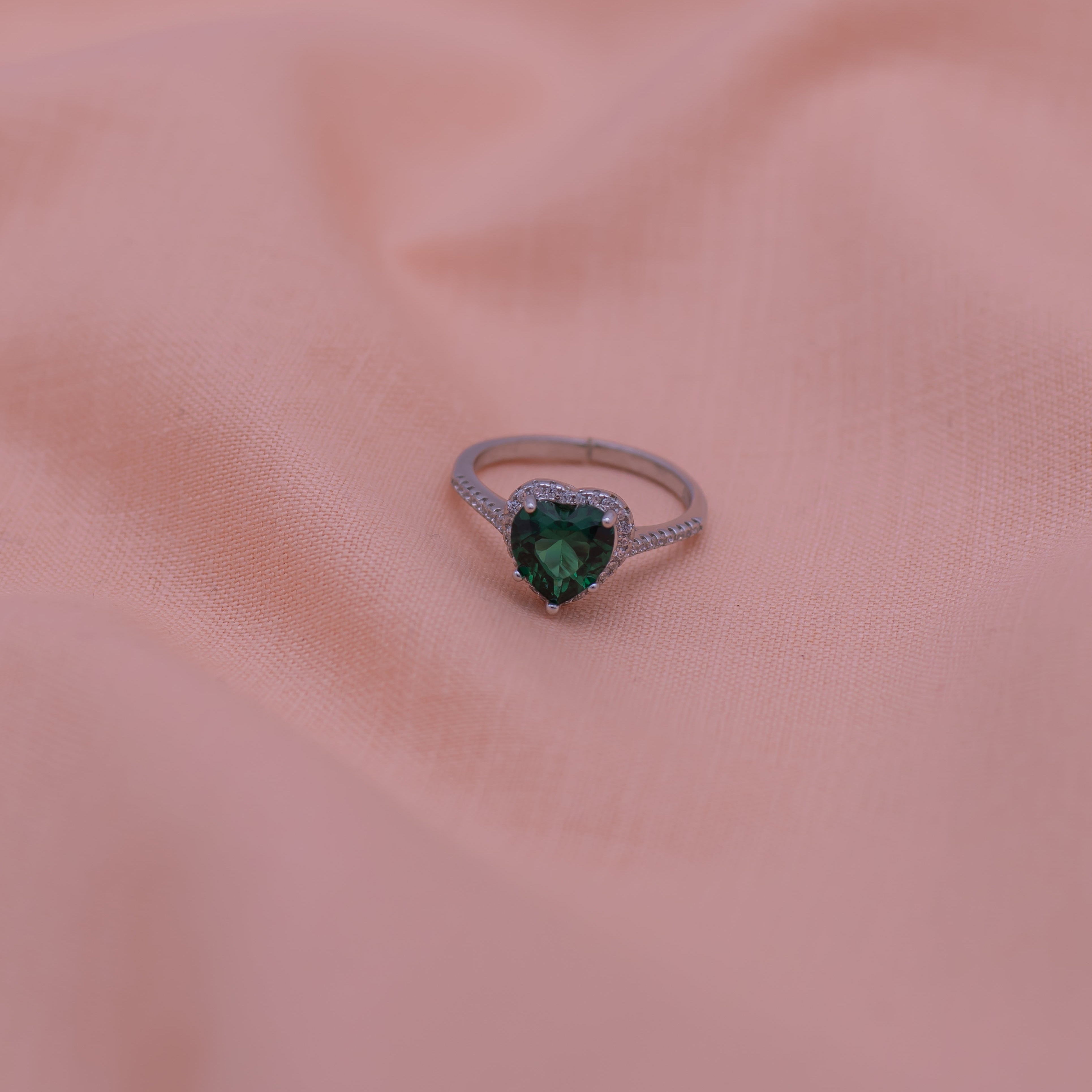 Emerald Heart Stone at Center Pure Silver Party Ring- Free size