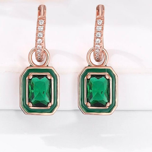 Emerald stones drop earrings in rose gold plated 925 silver