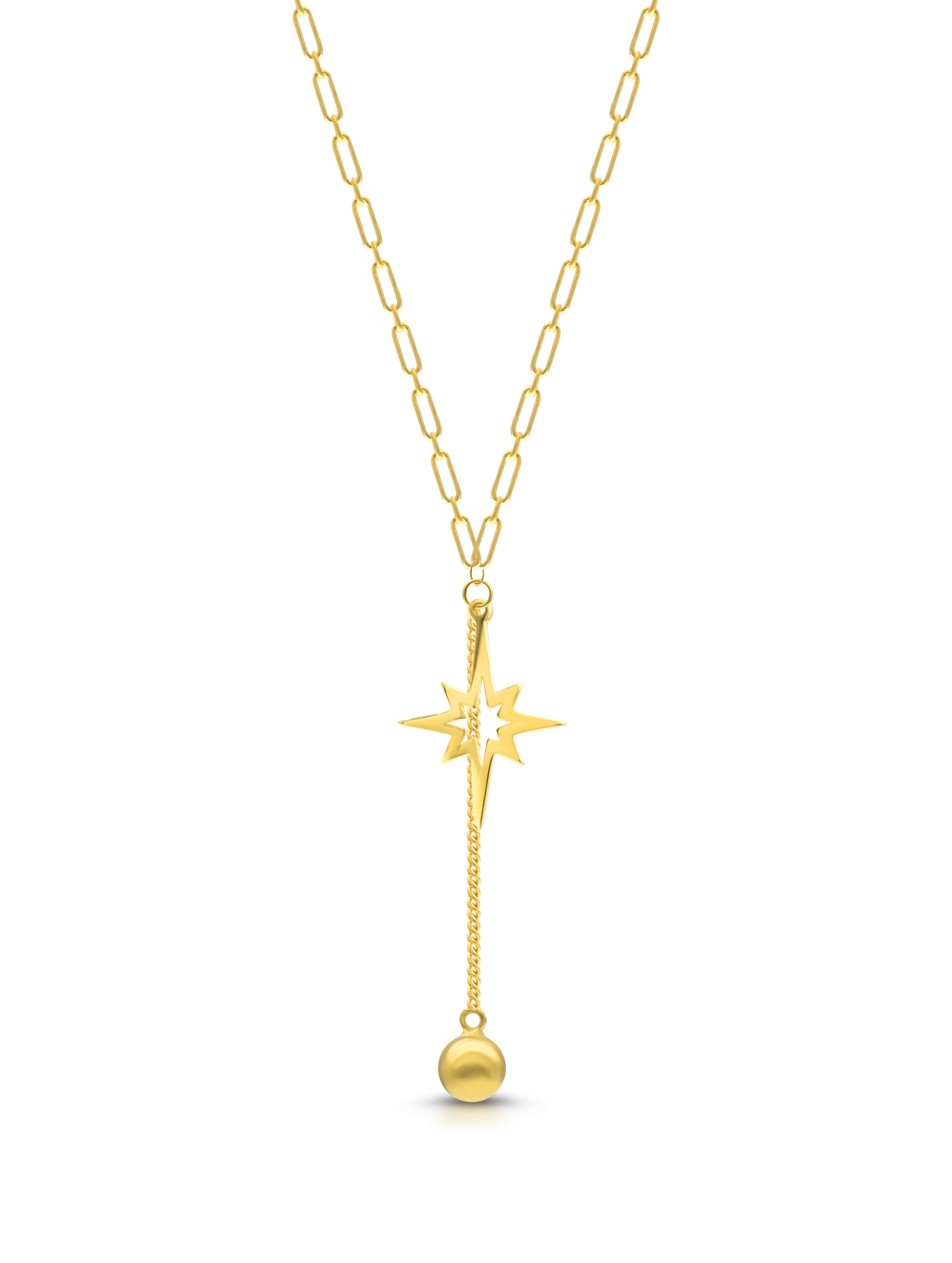 Star Pendant With Linked Long Chain in Gold Polish