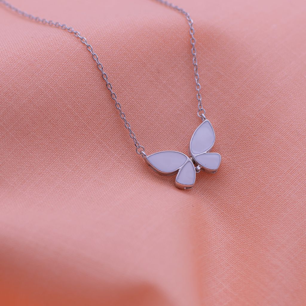 Big Butterfly White Polish Pure Silver Pendant With Linked Chain