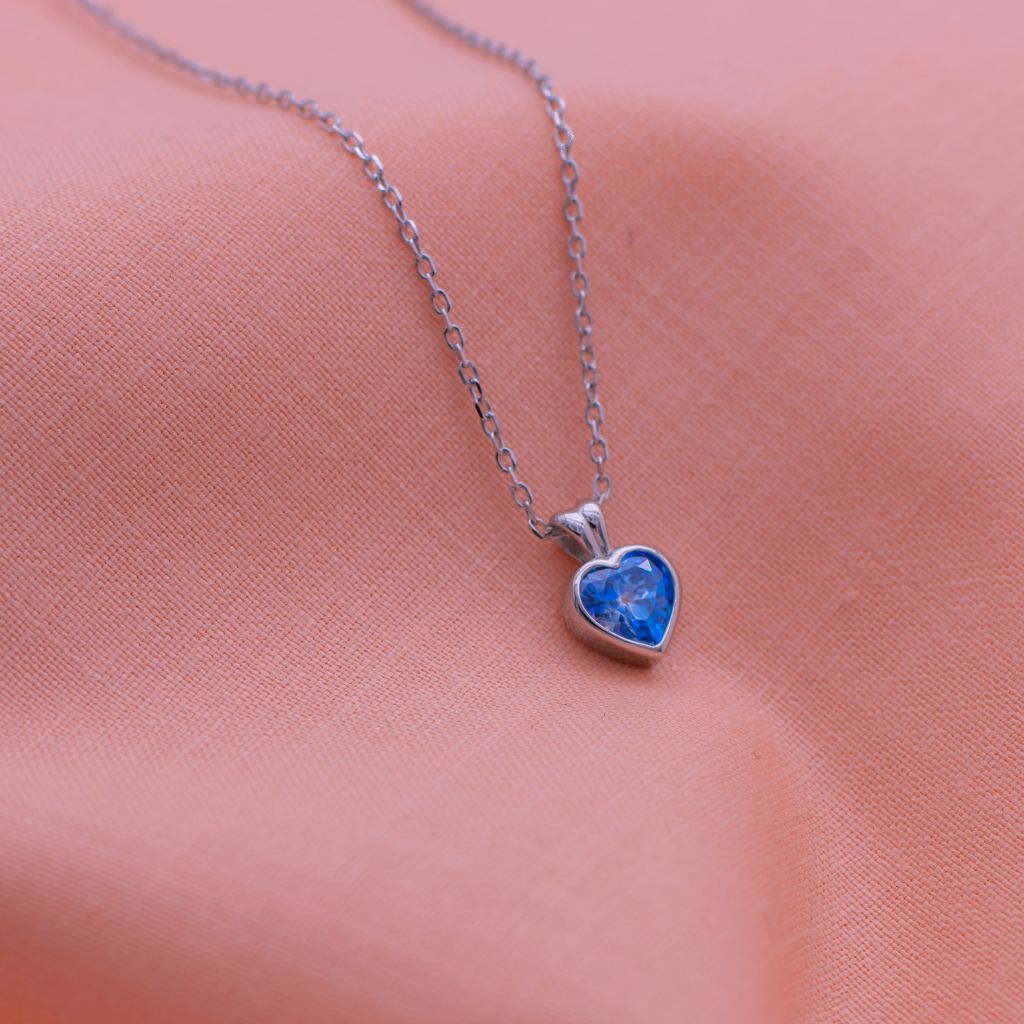 Blue Stone Heart Pure Silver Pendant with Linked Chain