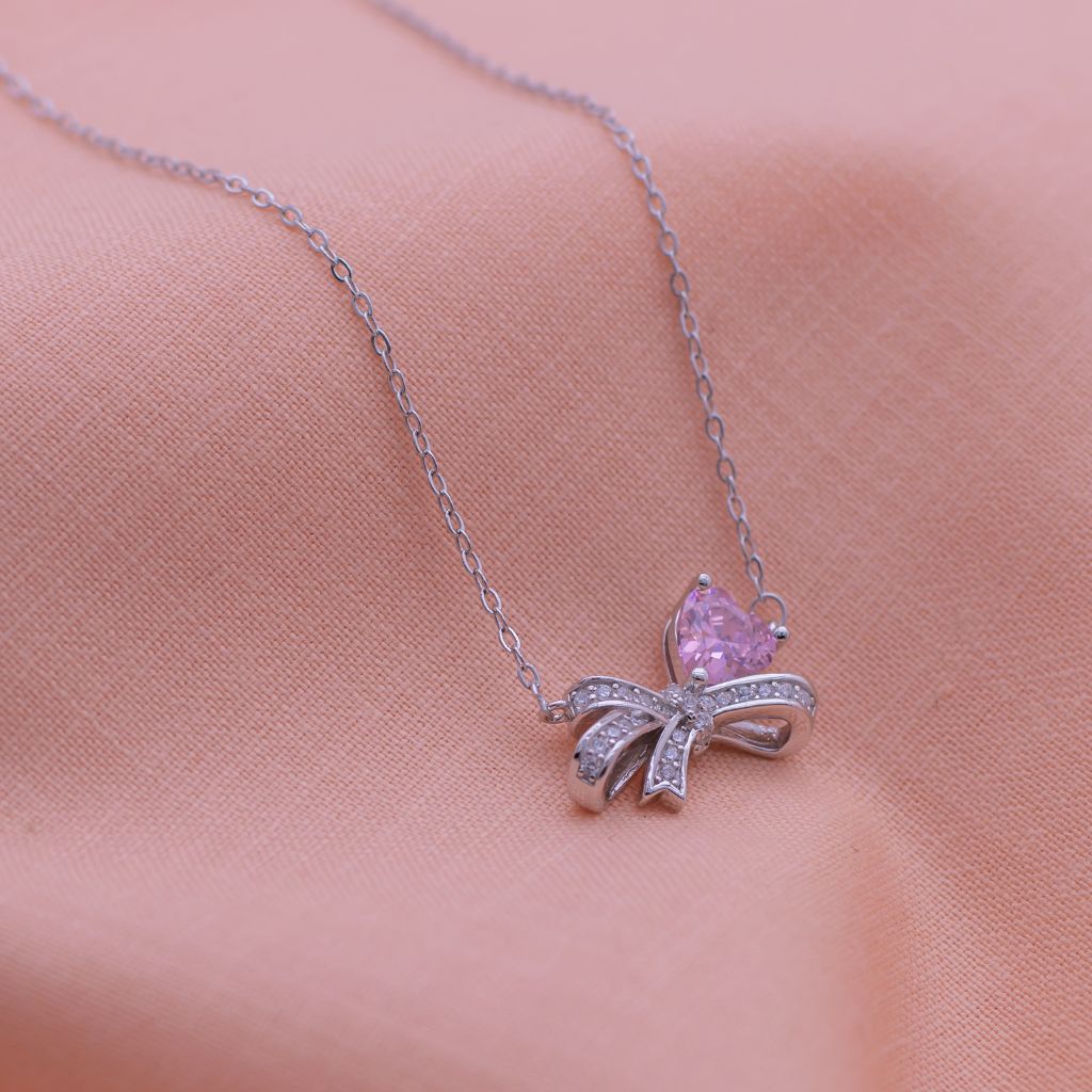 Pink Heart Bow Pure Silver Pendant With Linked Chain