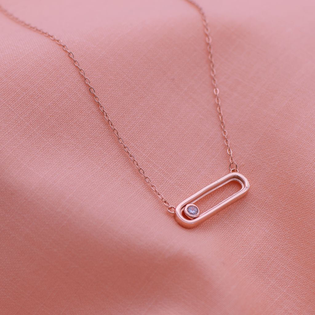 Zircon Stone in Cube Pure Silver Pendant With Linked Chain in Rose Gold