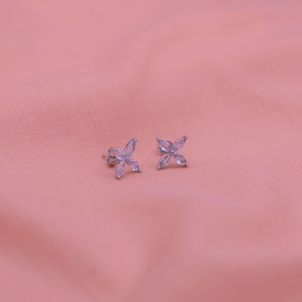 4 Petals Flower Zircon Stones Pure Silver Studs