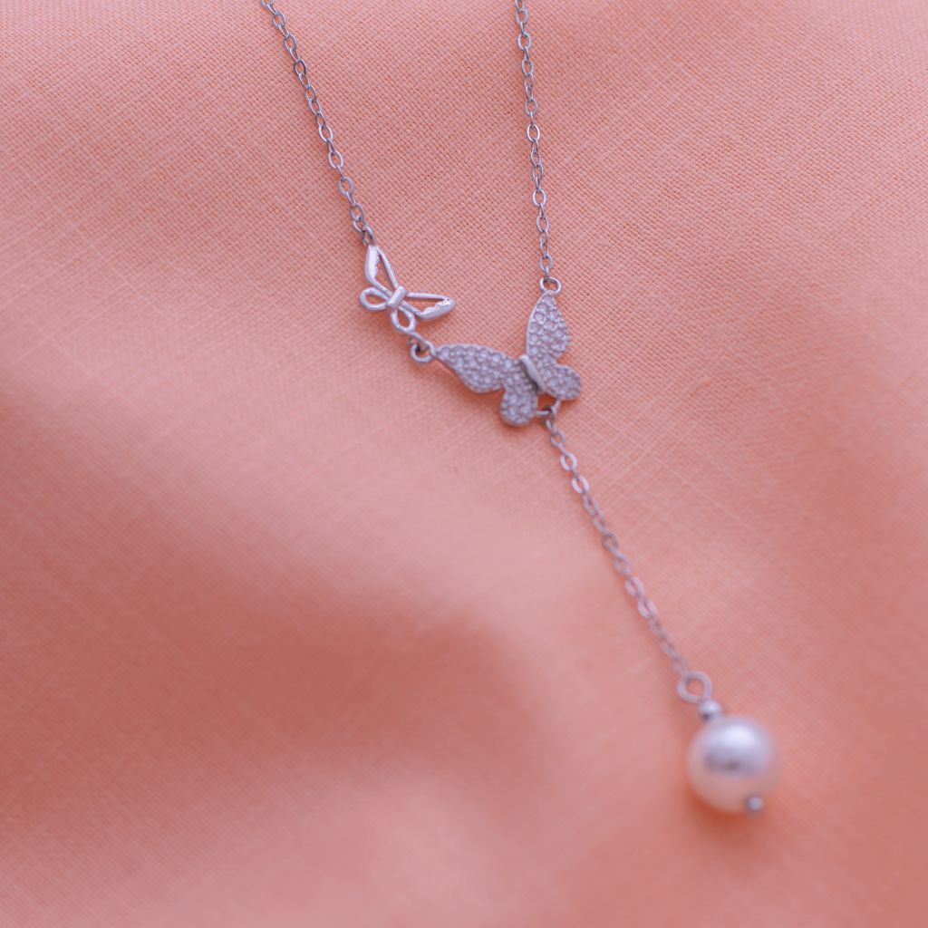 Butterflies With Pearls Pure Silver Long Chain