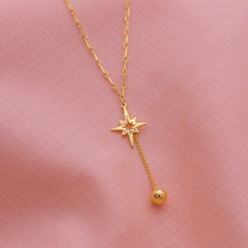 Star Pendant With Linked Long Chain in Gold Polish