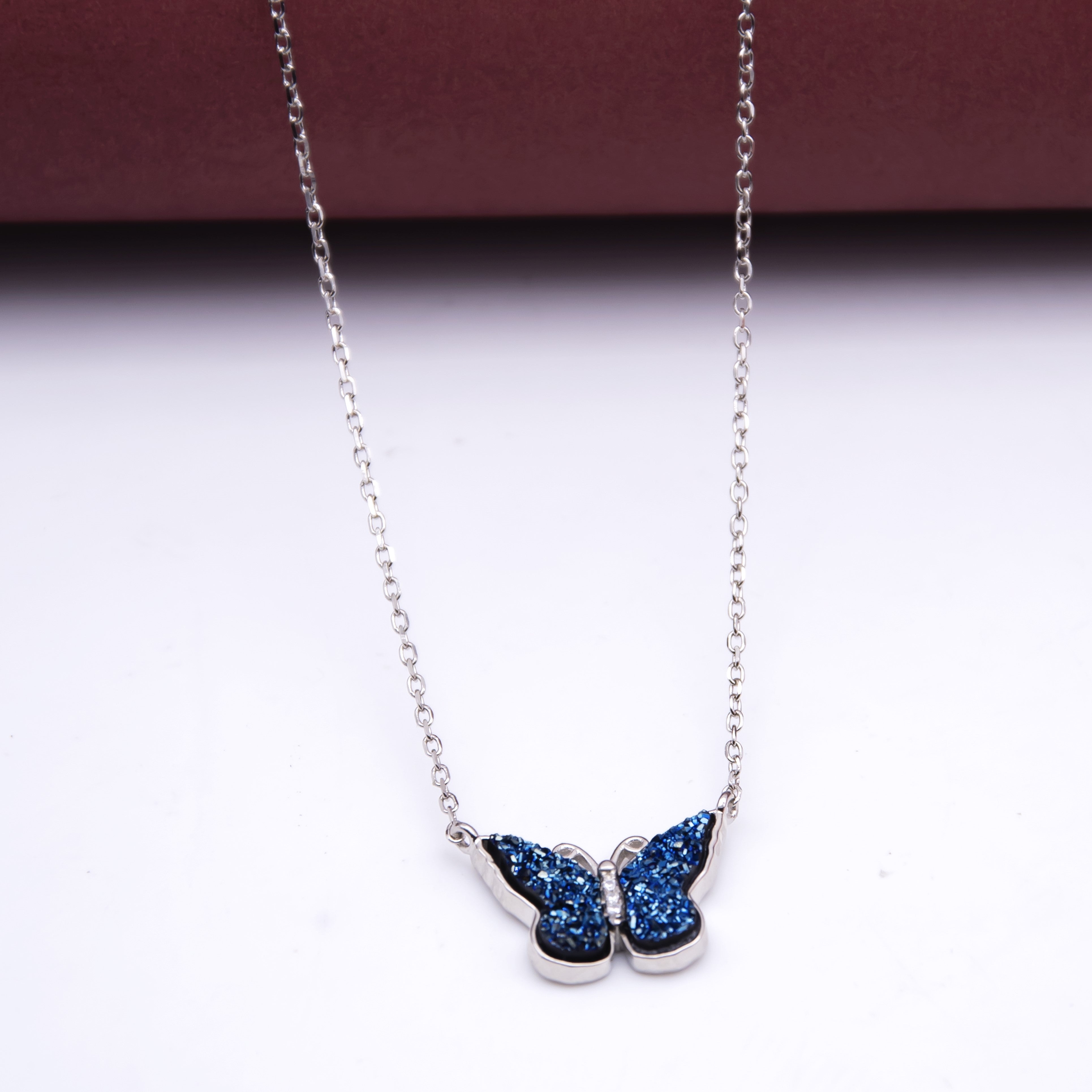 Blue butterfly pendant with silver minimal Chain