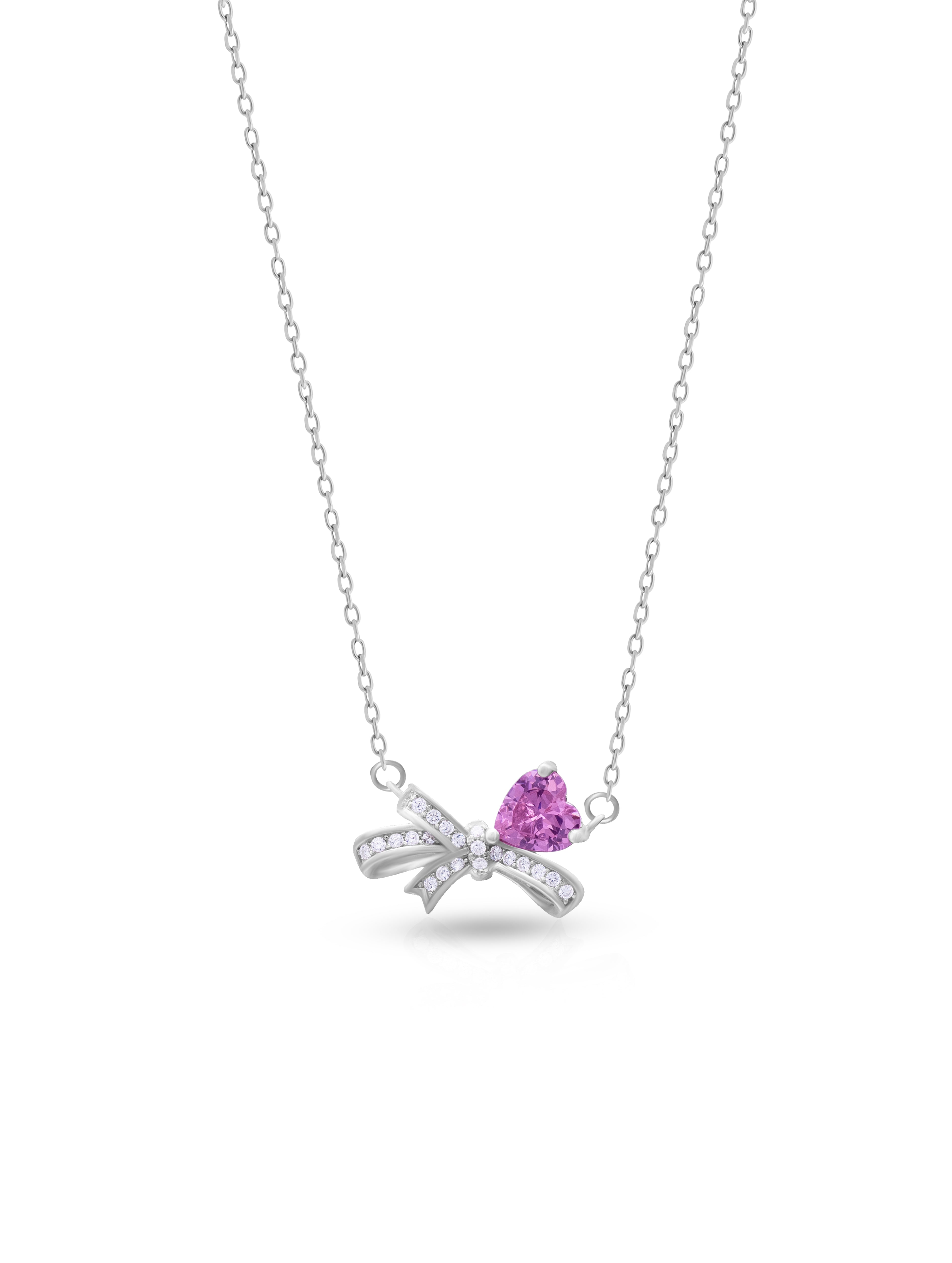 Pink Heart Bow Pure Silver Pendant With Linked Chain