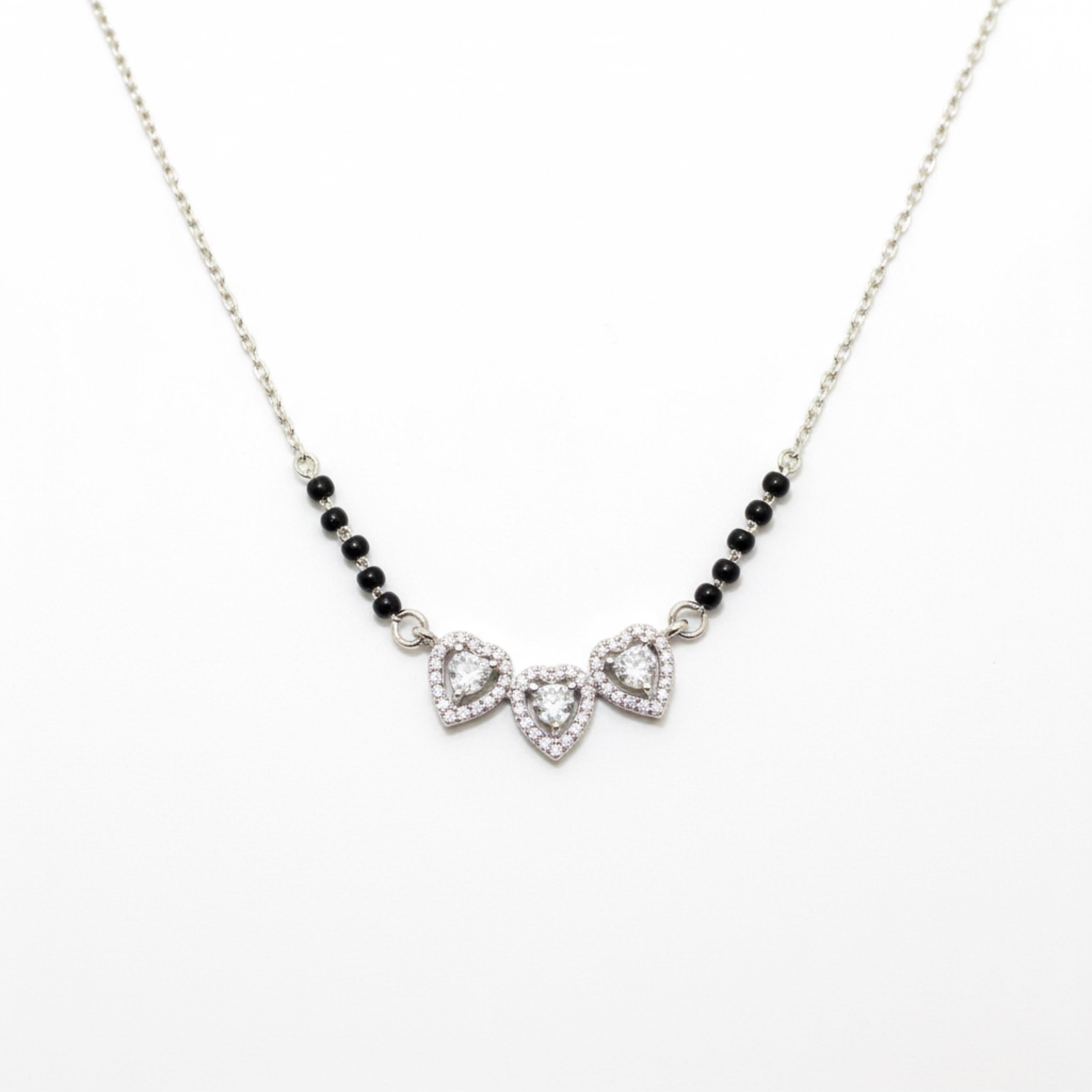 3 Hearts Solitaire Zircon Stones Mangalsutra in 925 Silver