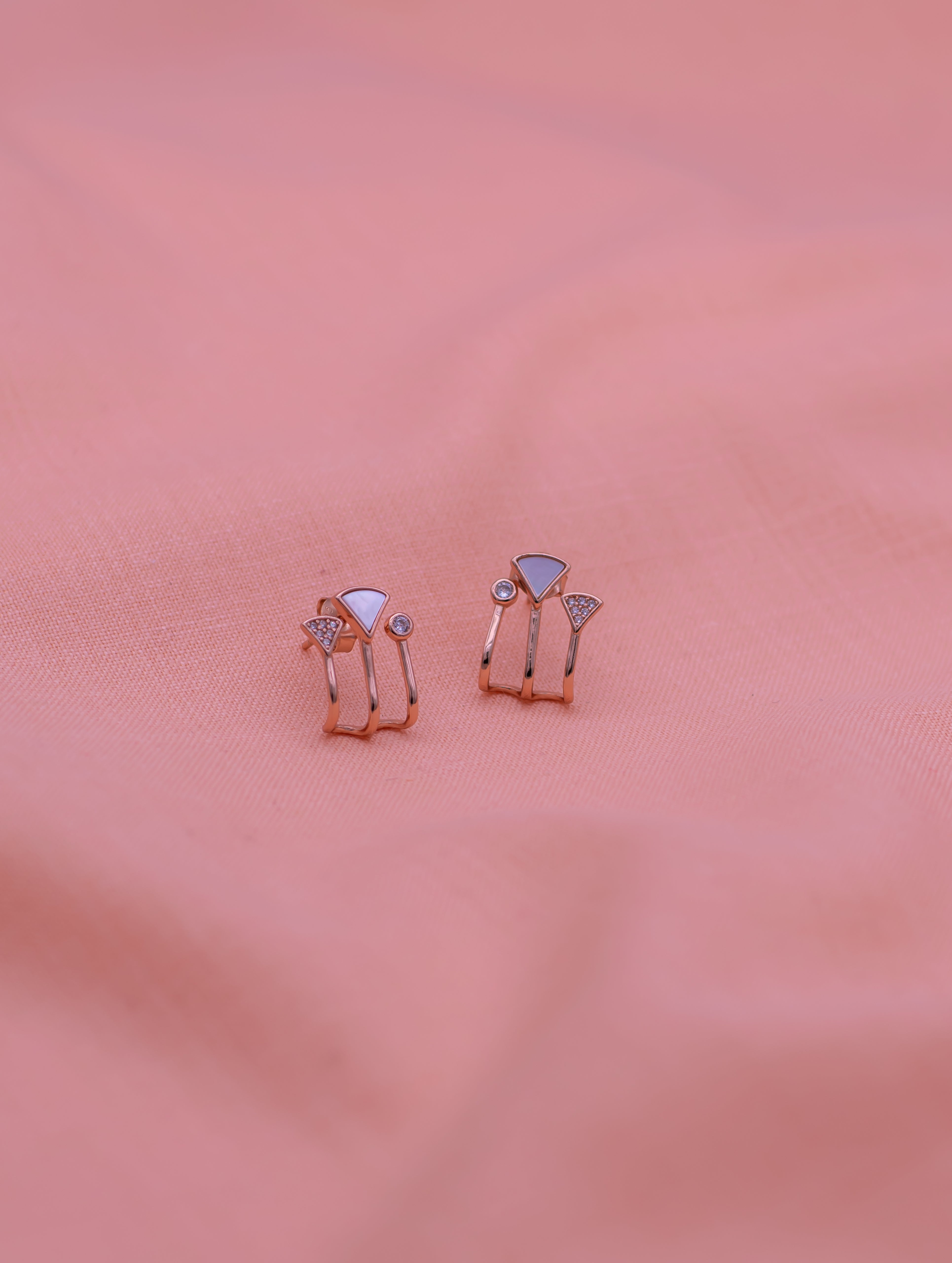 3 Lined Zircon Stones Pure Silver Studs in Rose Gold