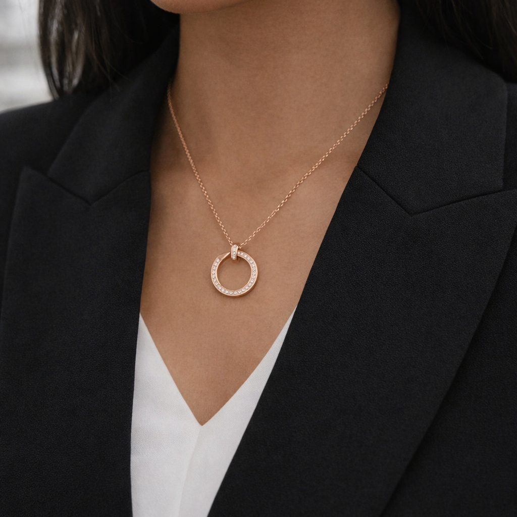 Half Ring with Zircon Stones Pure Silver Chain in Rose Gold Polish