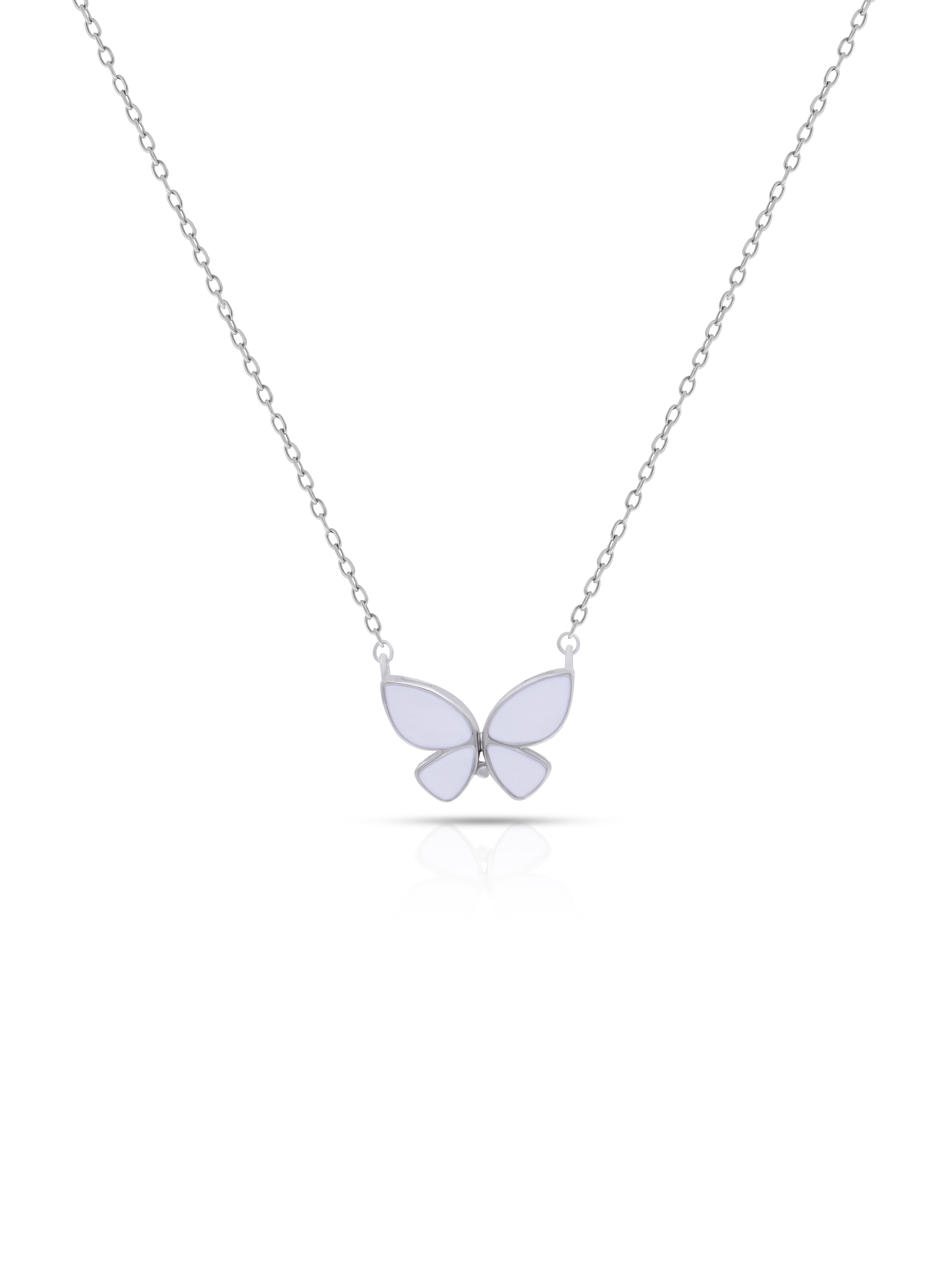 Big Butterfly White Polish Pure Silver Pendant With Linked Chain