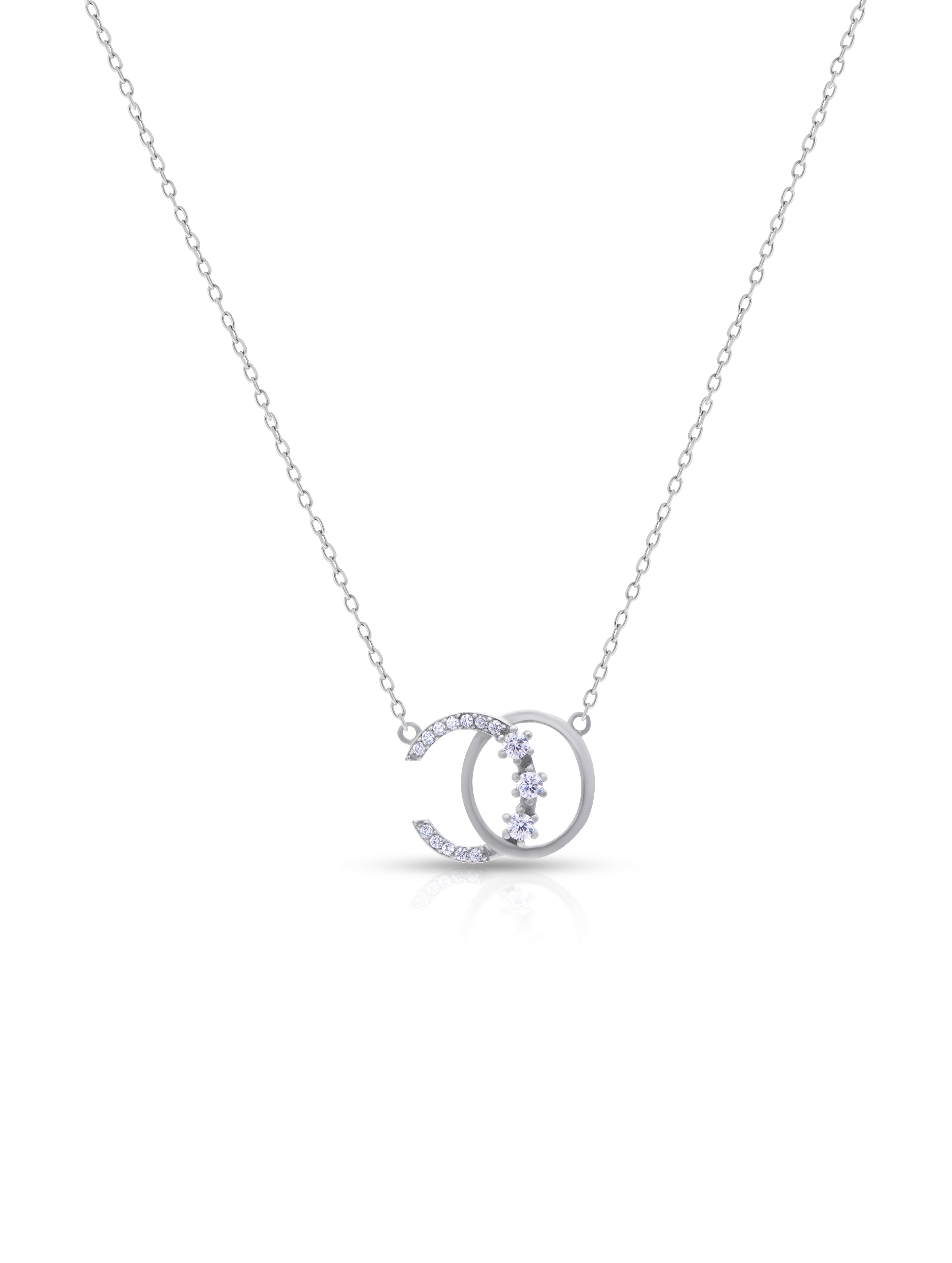 Half Moon in Circle Pure Silver Pendant With Linked Chain