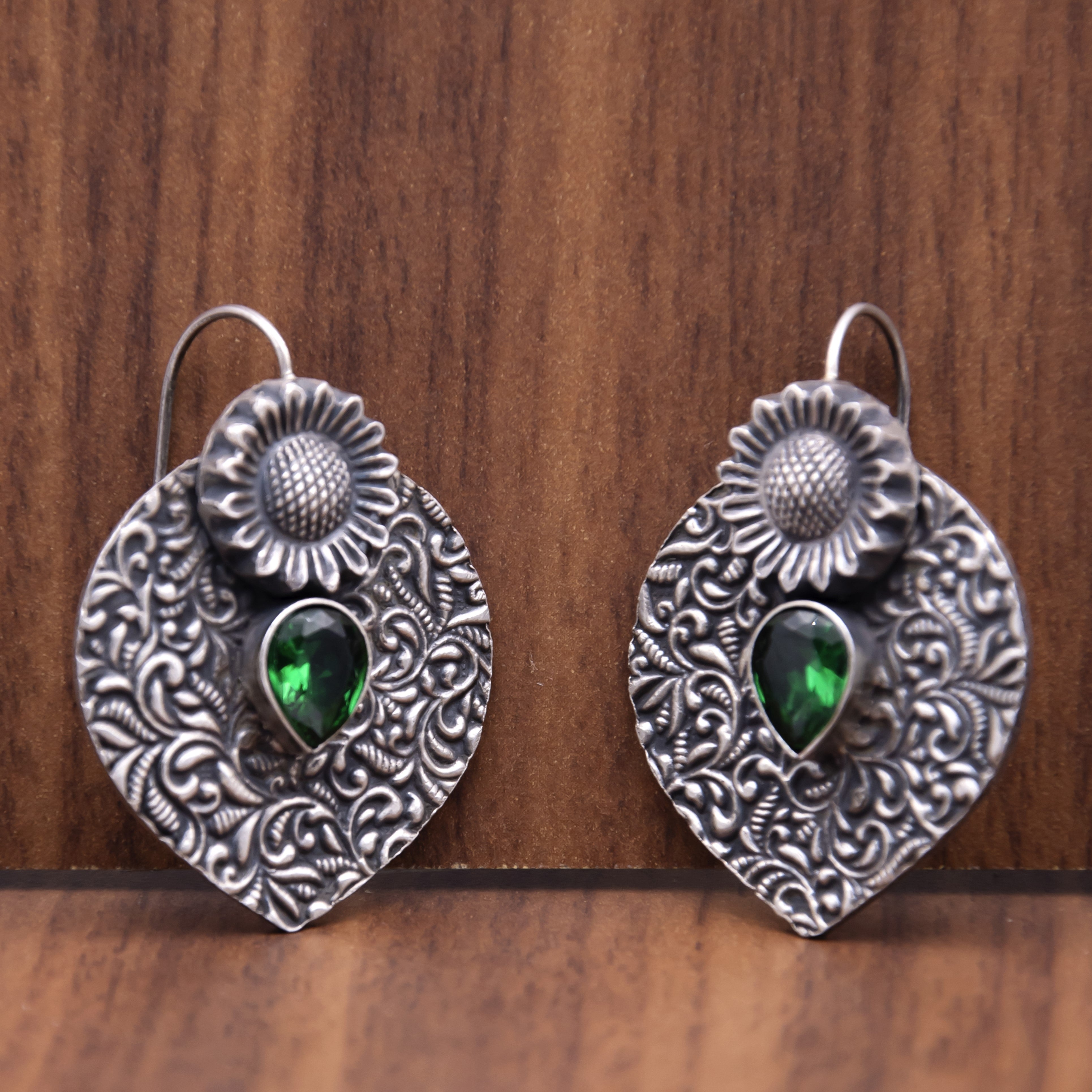 Green stone leaf with patterns ovoid jhumkas