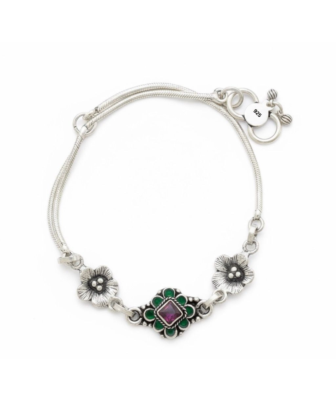 Ruby & Emerald Stones Flowers Oxidised Anklet in 925 Silver