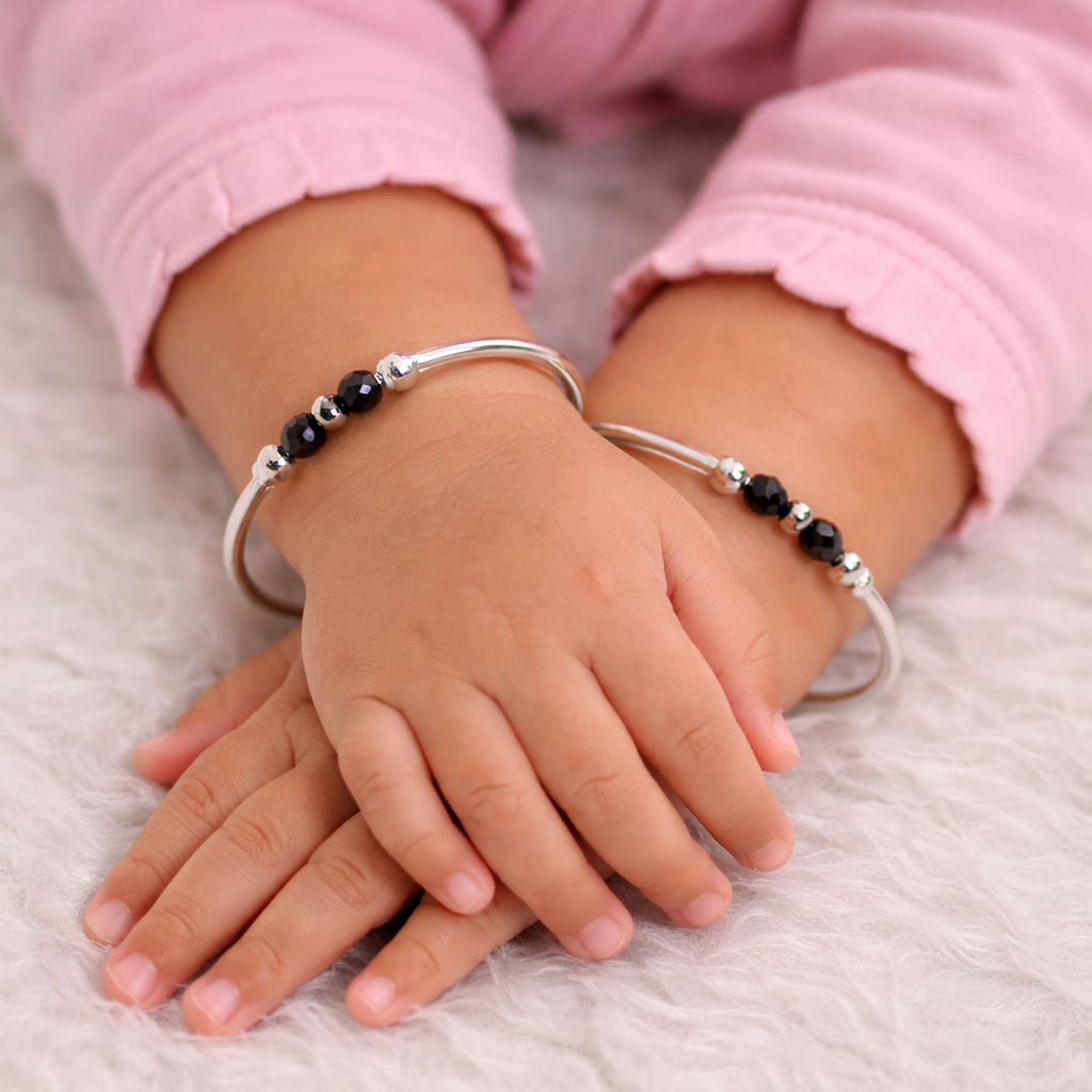 Black Beads Baby Adjustable Silver Bangles- Pair