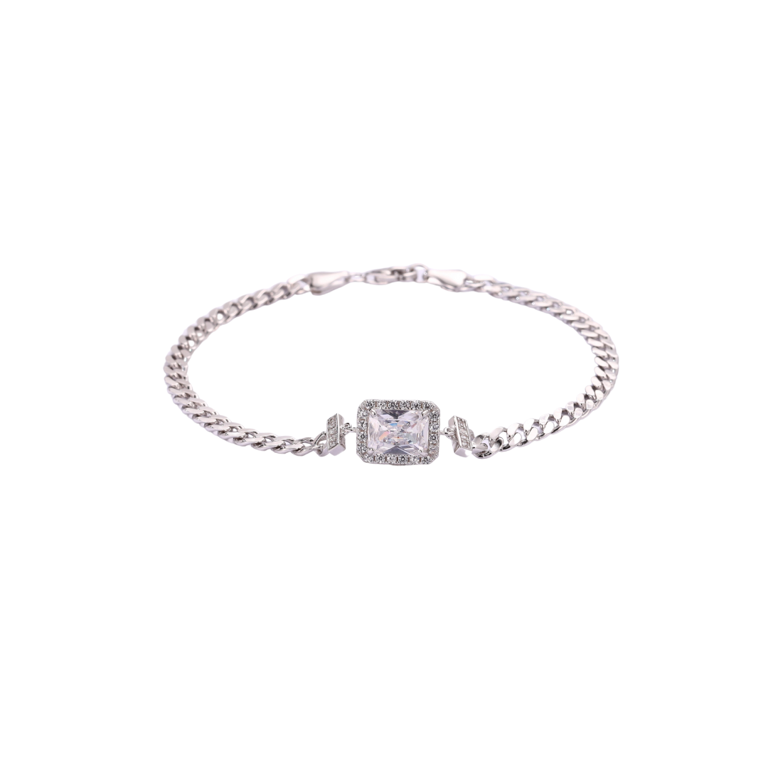 Cube Zircon at Center Lined Chain Bracelet in 925 Silver