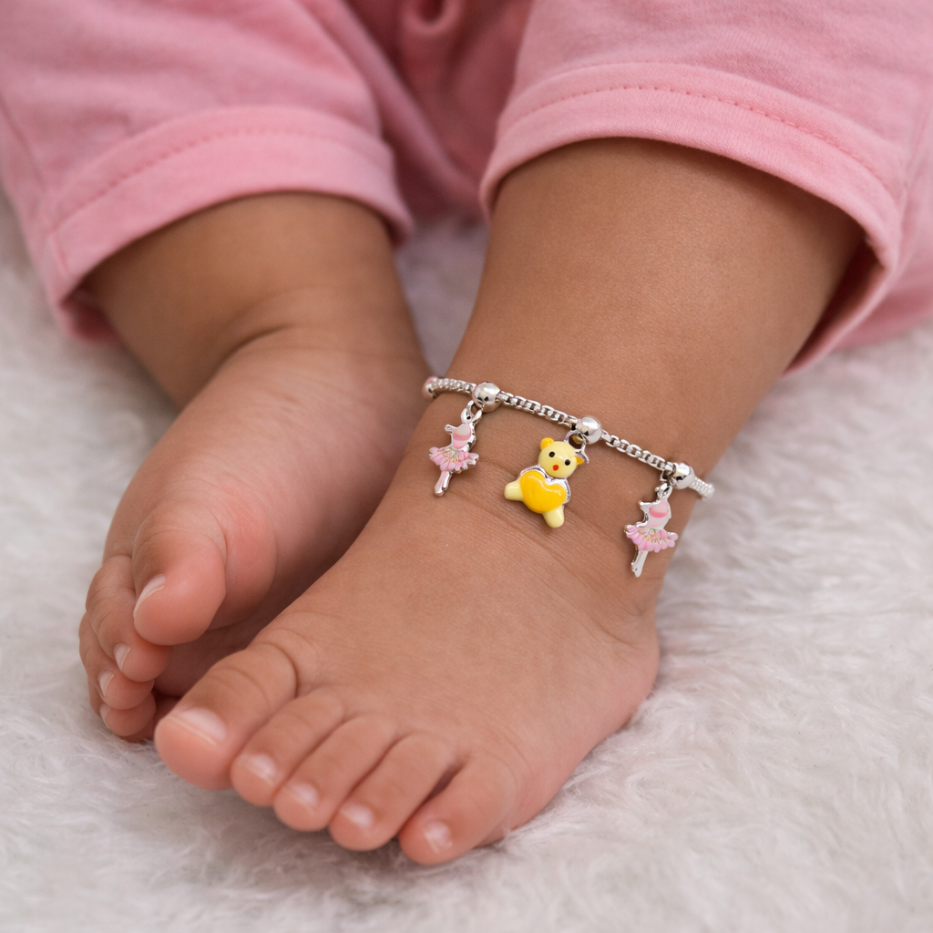Dancing Girl & Teddy Baby 925 Silver Anklet