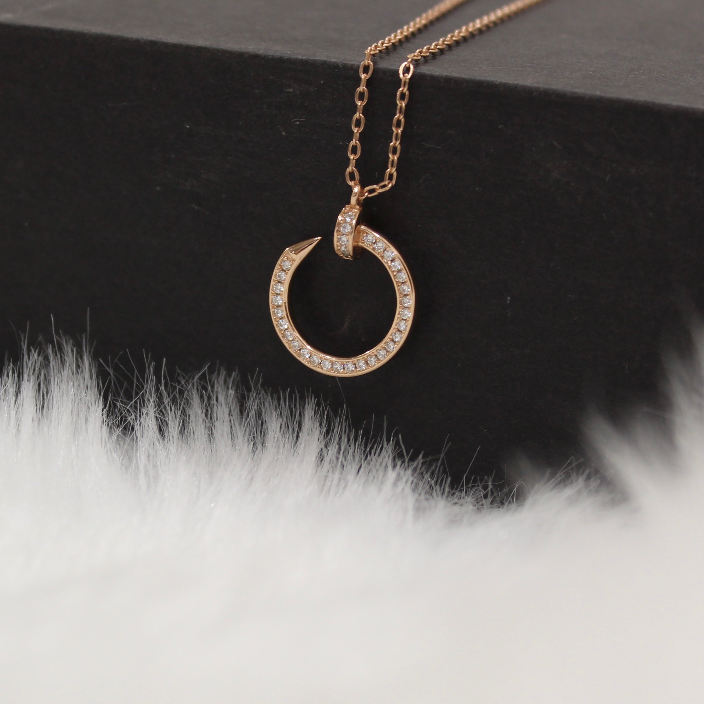 Half Ring with Zircon Stones Pure Silver Chain in Rose Gold Polish