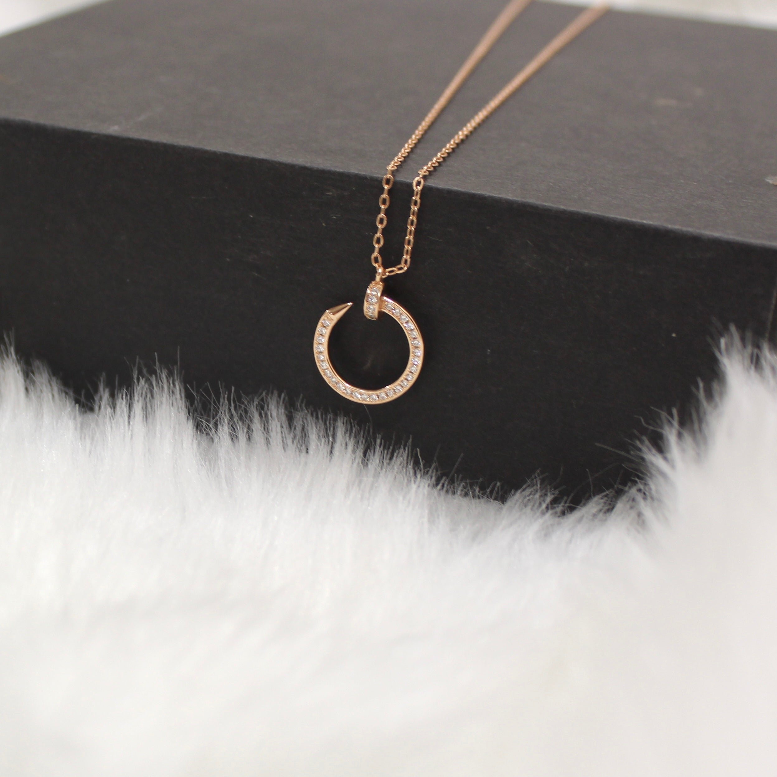 Half Ring with Zircon Stones Pure Silver Chain in Rose Gold Polish