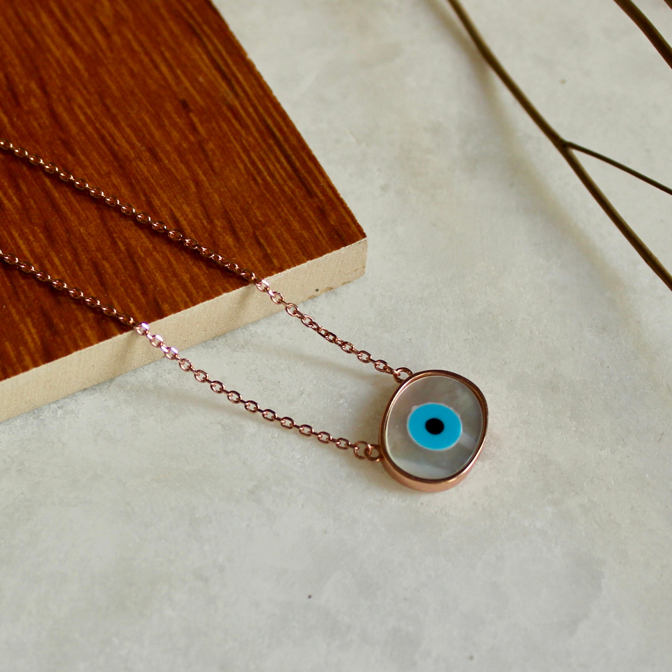 Evil eye oval rosegold 925 silver pendant with linked chain