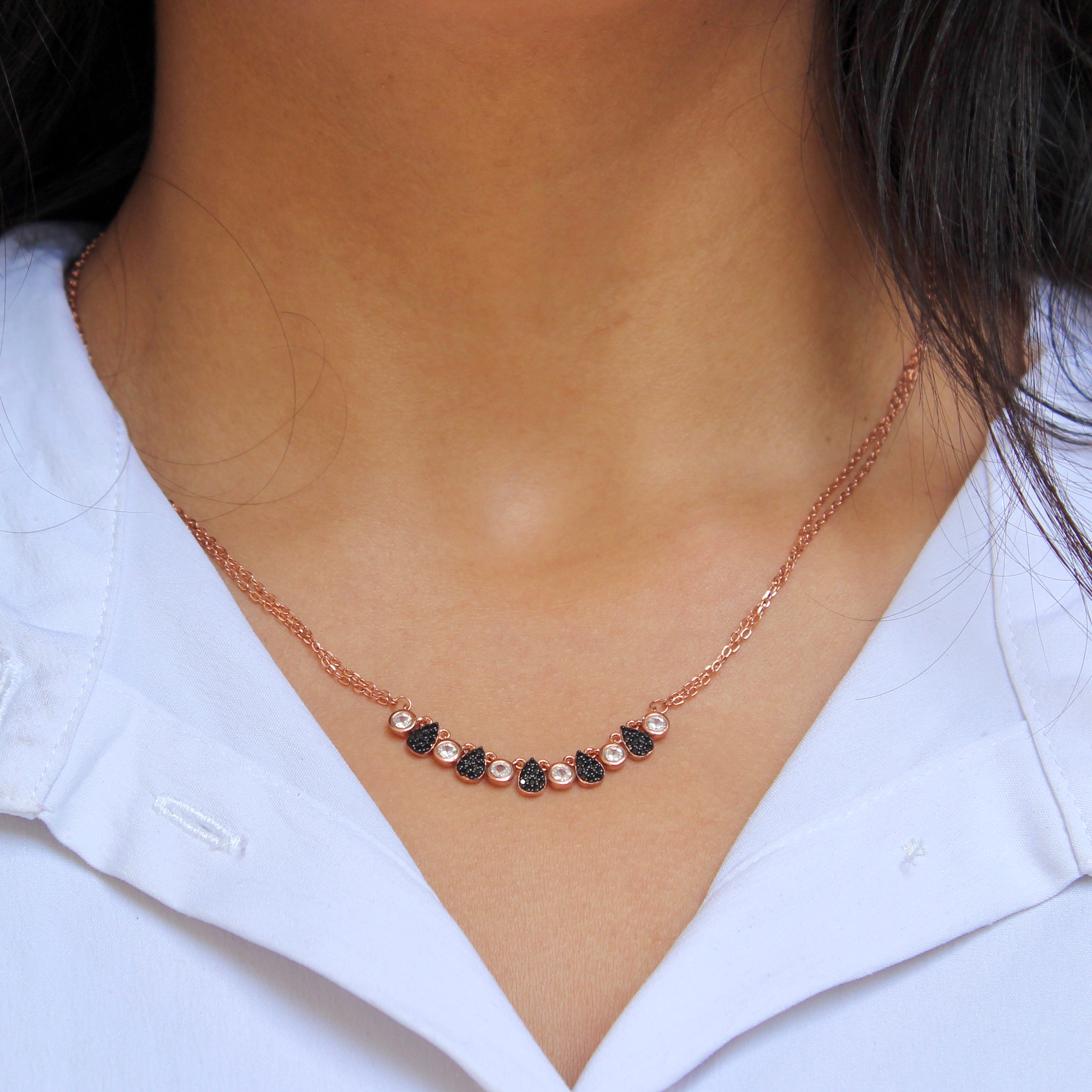 black stones 2 layered minimal 925 silver chain- gold rhodium plated