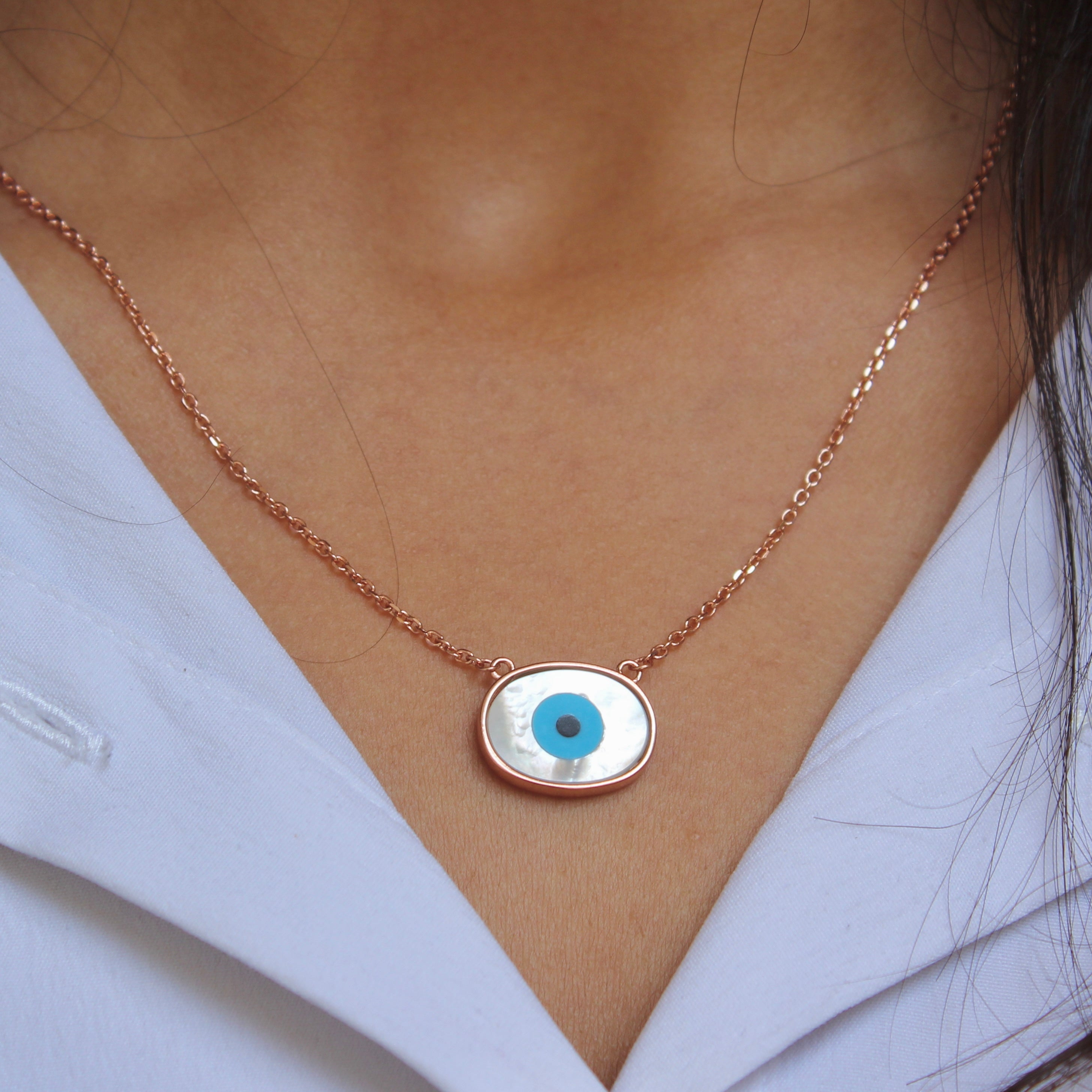 Evil eye oval rosegold 925 silver pendant with linked chain