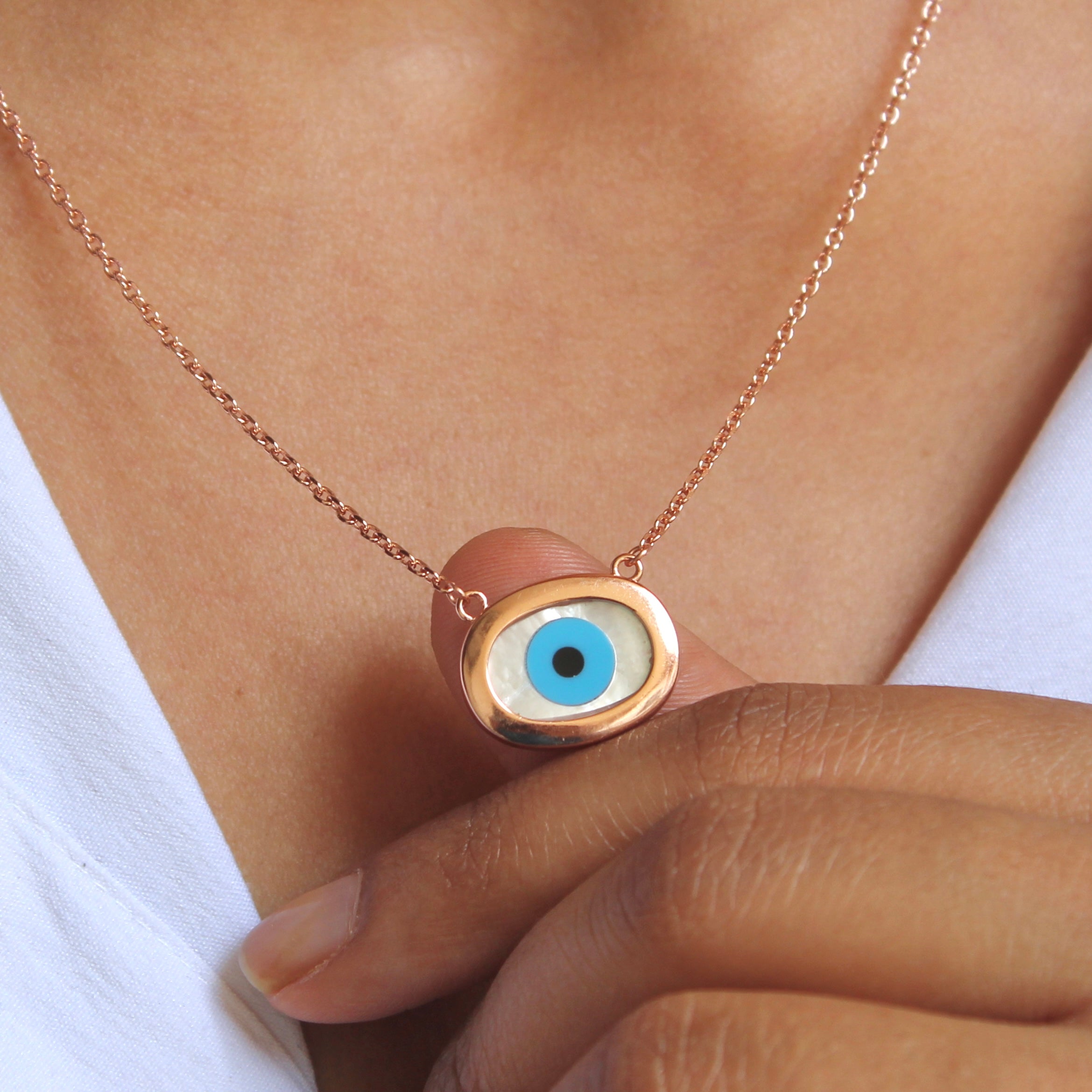 Evil eye oval rosegold 925 silver pendant with linked chain