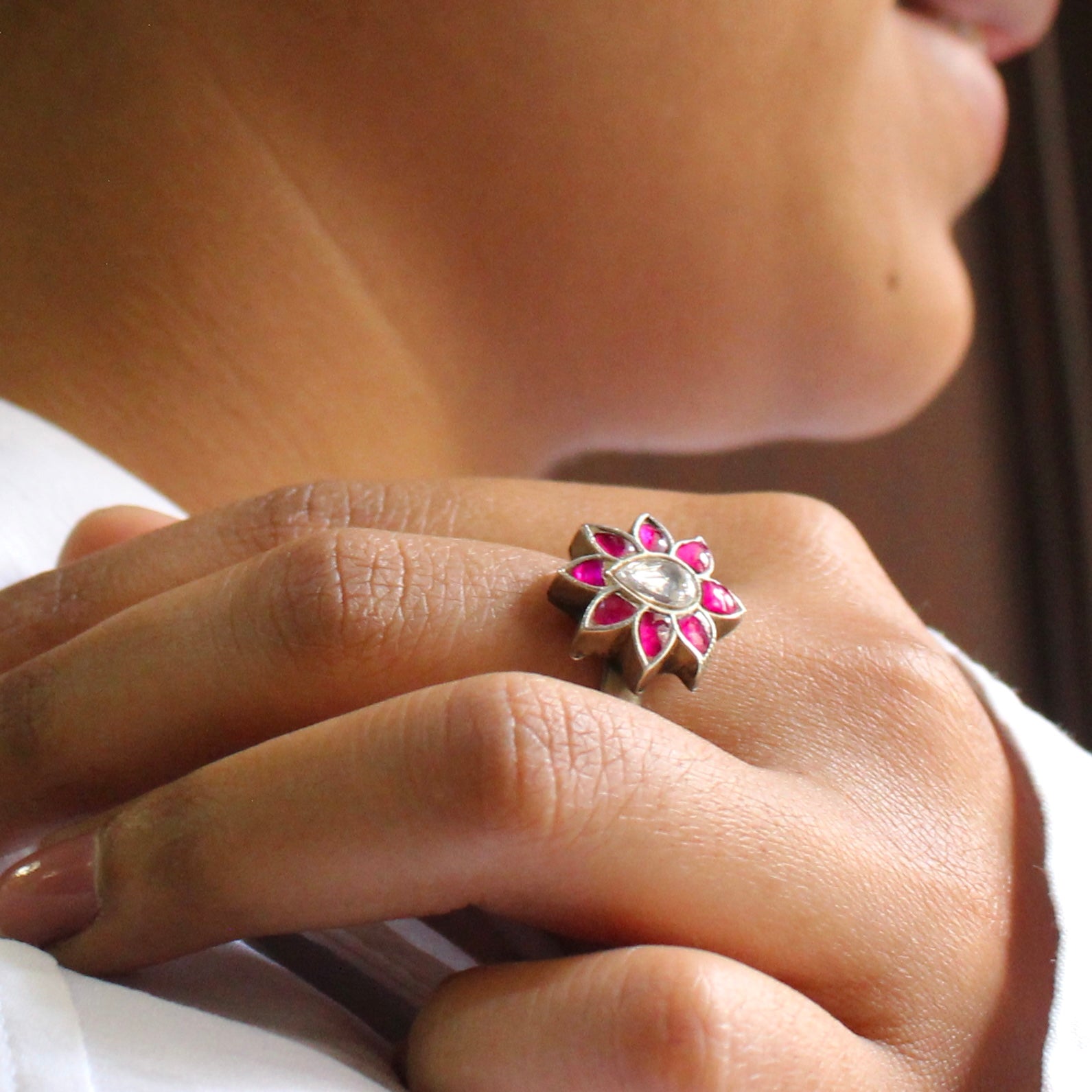 Plum leaves 925 oxidised silver ring