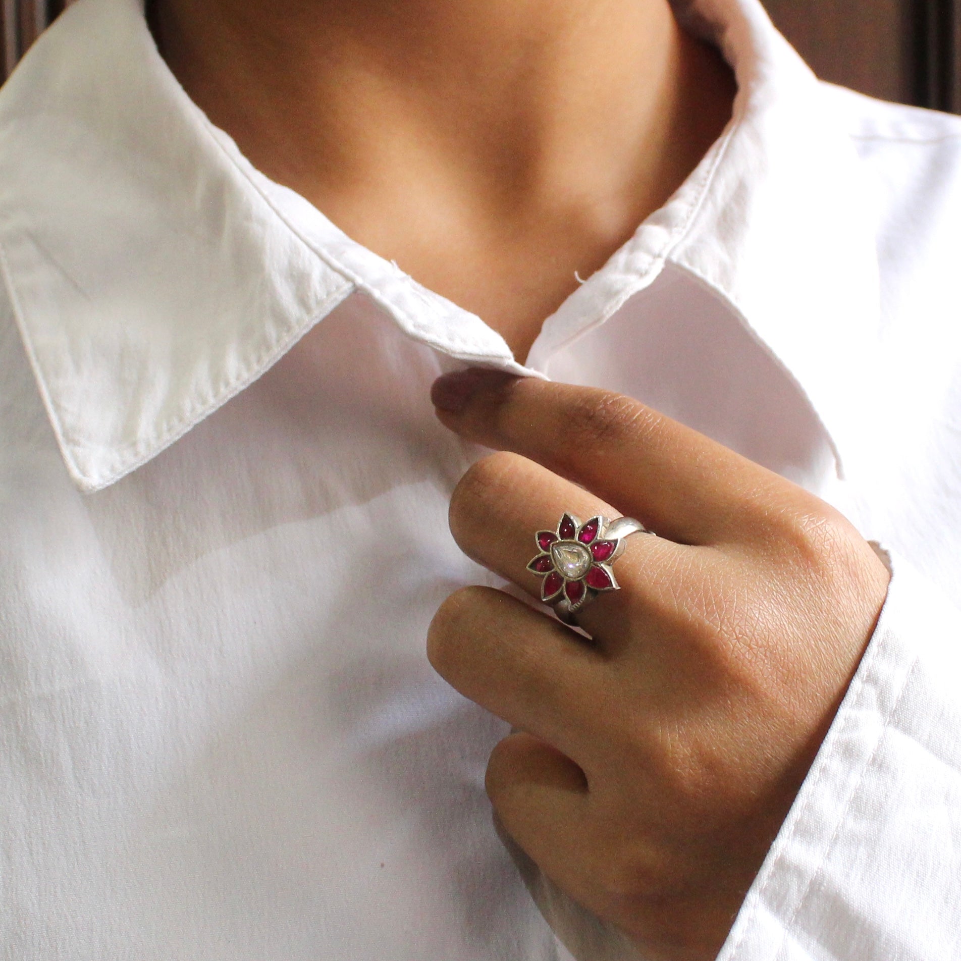 Plum leaves 925 oxidised silver ring