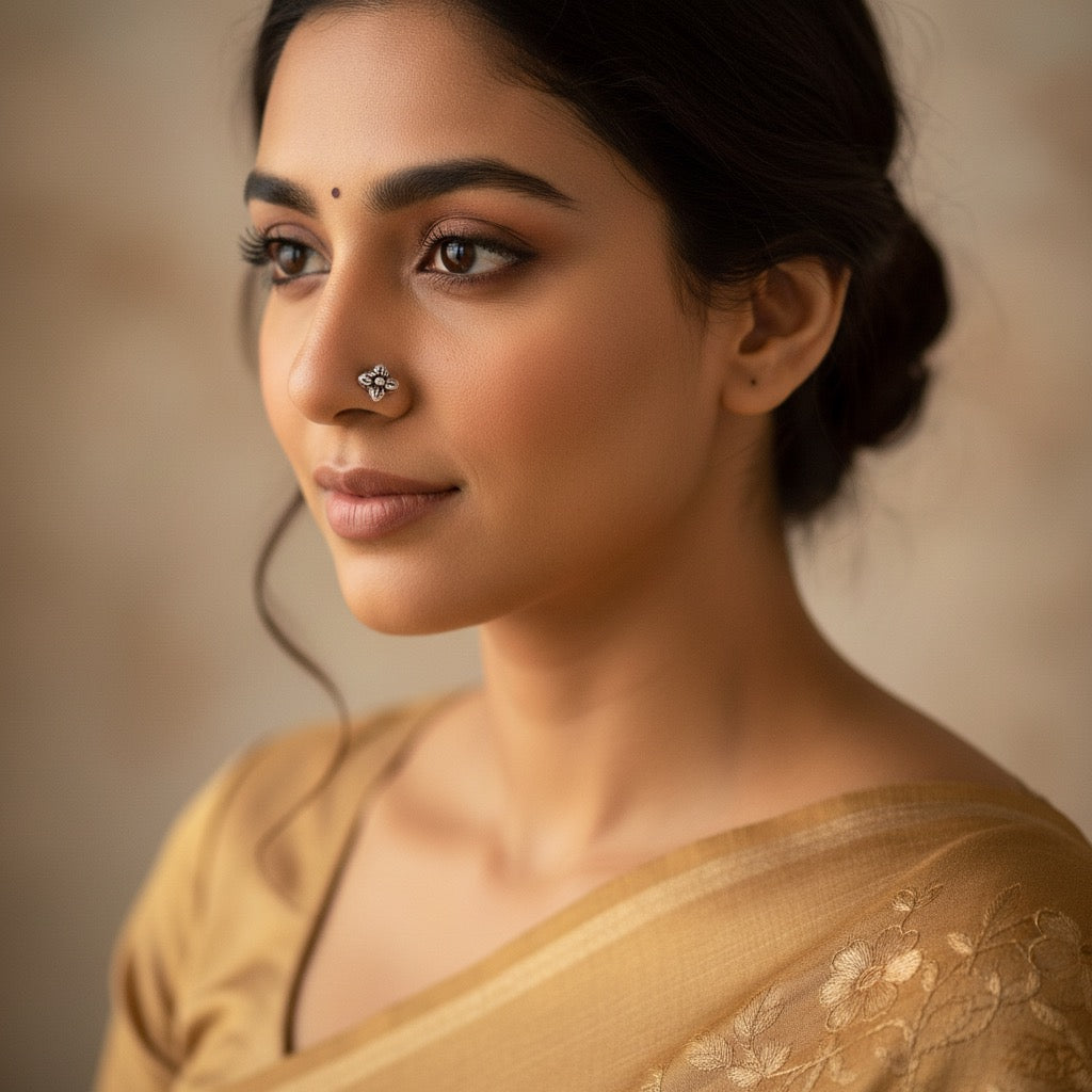 4 leaves 925 Pure Silver Nosepin- Pierced