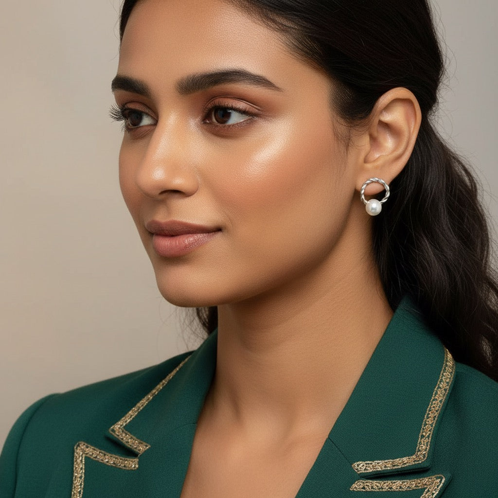 Braided Round Pearl Earrings in 925 Silver