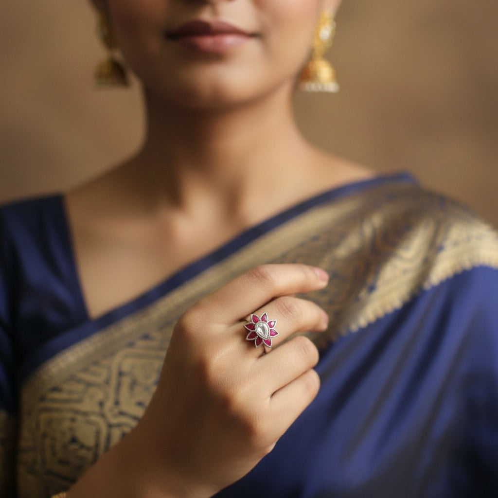 Plum leaves 925 oxidised silver ring- Free size