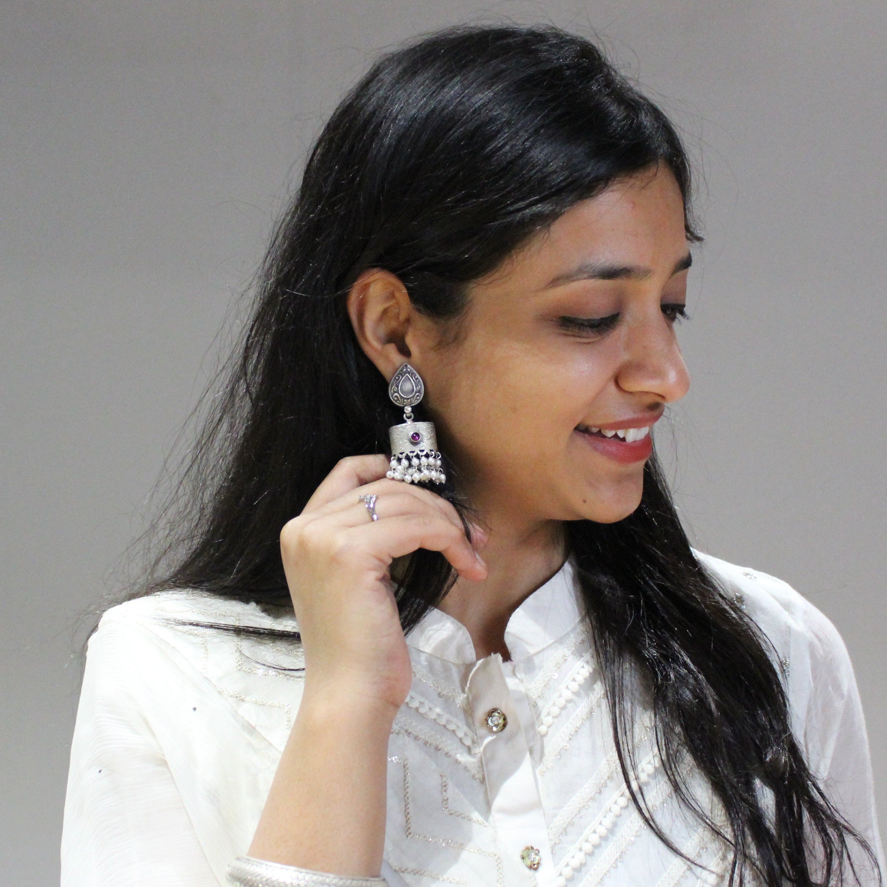 Ancient Love White Silver 925 Oxidised Silver Drop Jhumkas