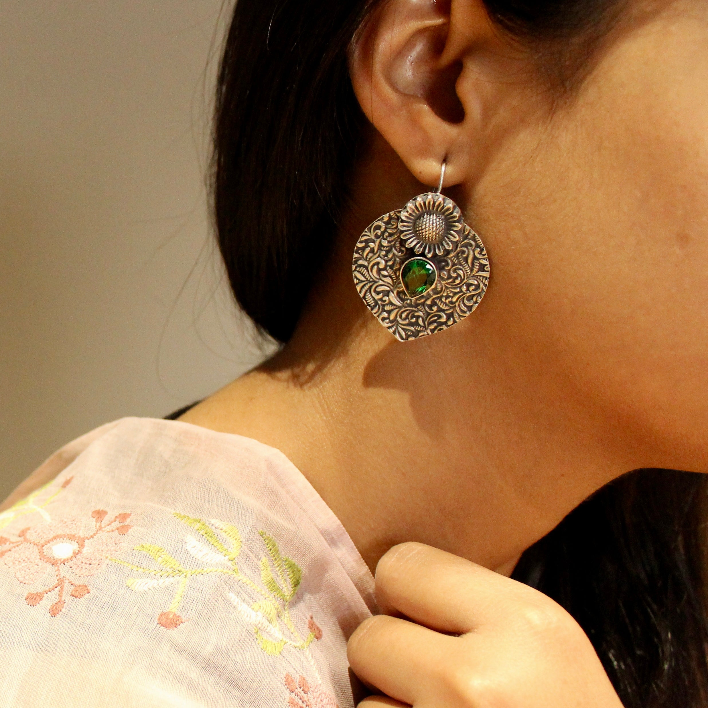 Green stone leaf with patterns ovoid jhumkas