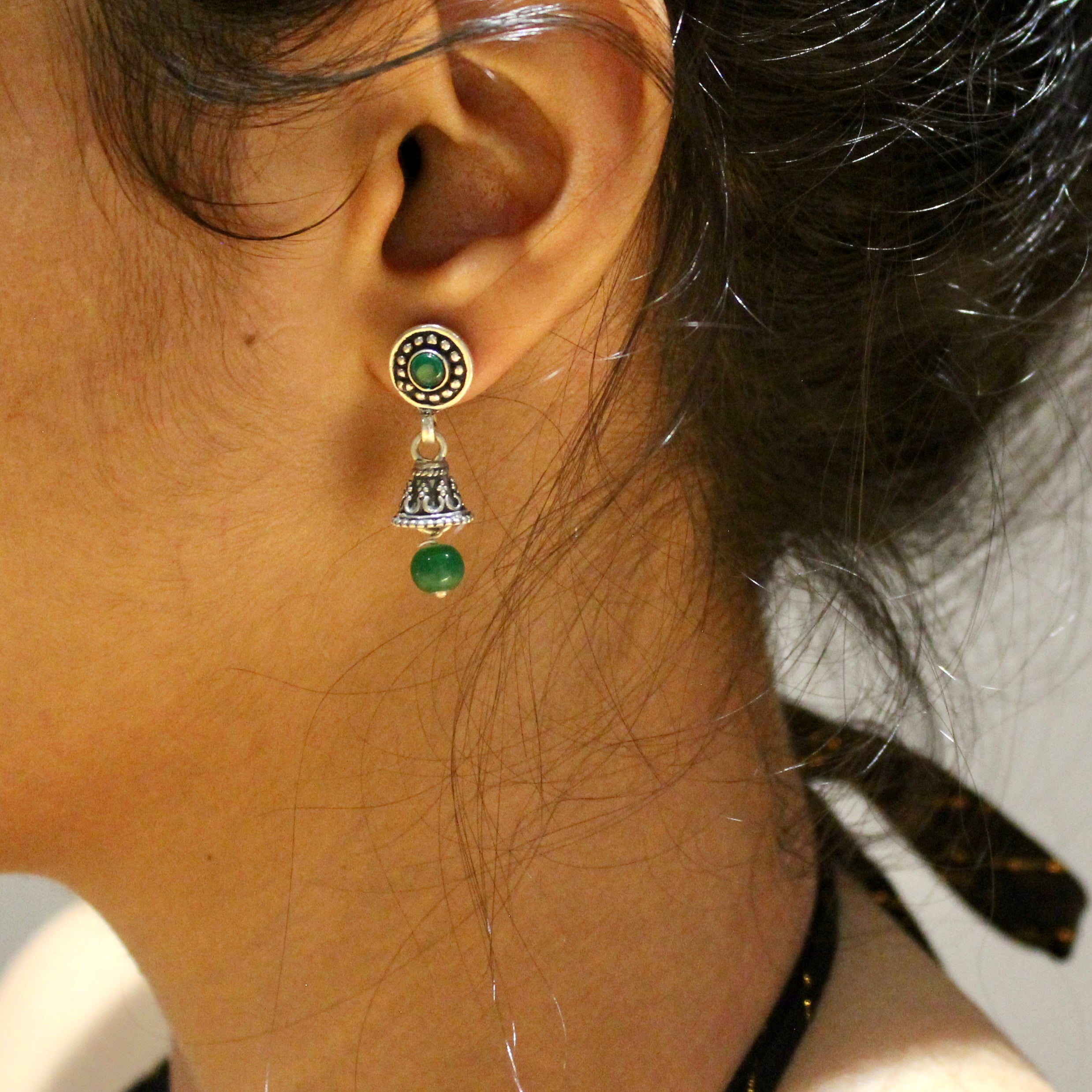 Green Stones 925 oxidised silver mini Jhumkas