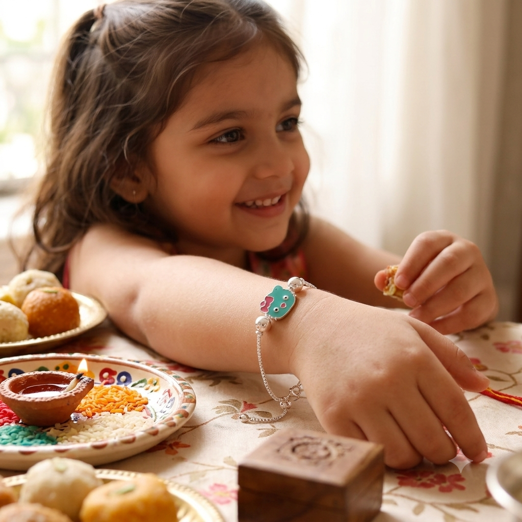 A young girl smiling at a table, wearing a silver chain bracelet with a colorful turquoise and red fish charm. The scene is decorated for Diwali with plates of food, a small clay lamp, and a wooden box.