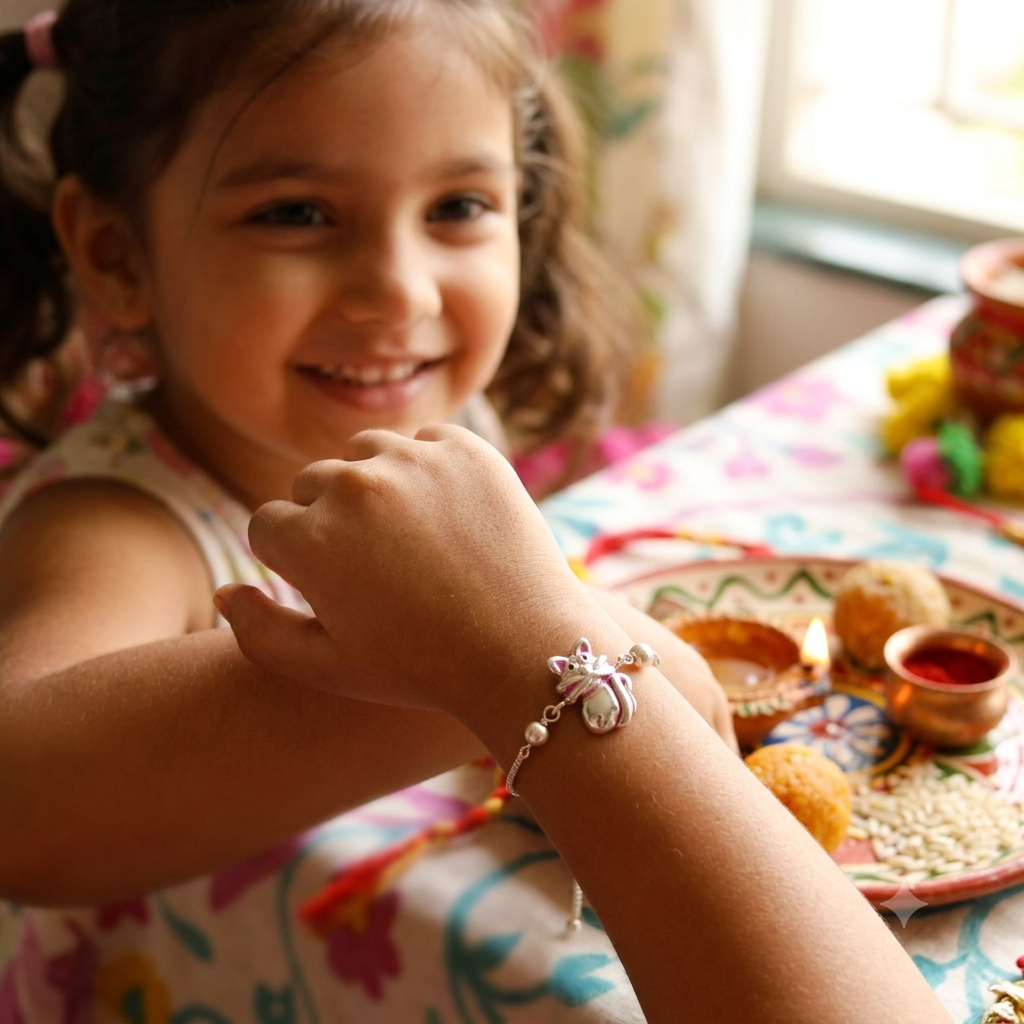 A young girl smiling while wearing a silver-toned Rakhi bracelet with a decorative bow charm and bead details, shown in a warm, festive home setting with a plate of food on a floral tablecloth.