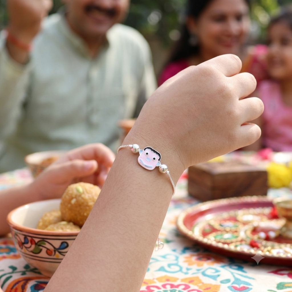 A silver-toned baby bracelet with a small penguin charm and pearl beads worn on a child's wrist, shown in a festive family setting with a decorated table and blurred people in the background.