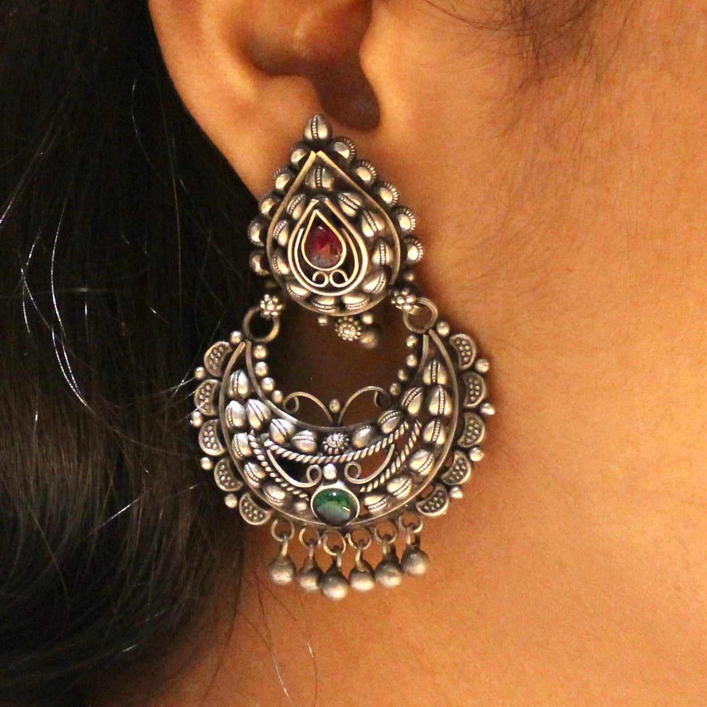 Red Green Stone 925 oxidised silver Chandbali