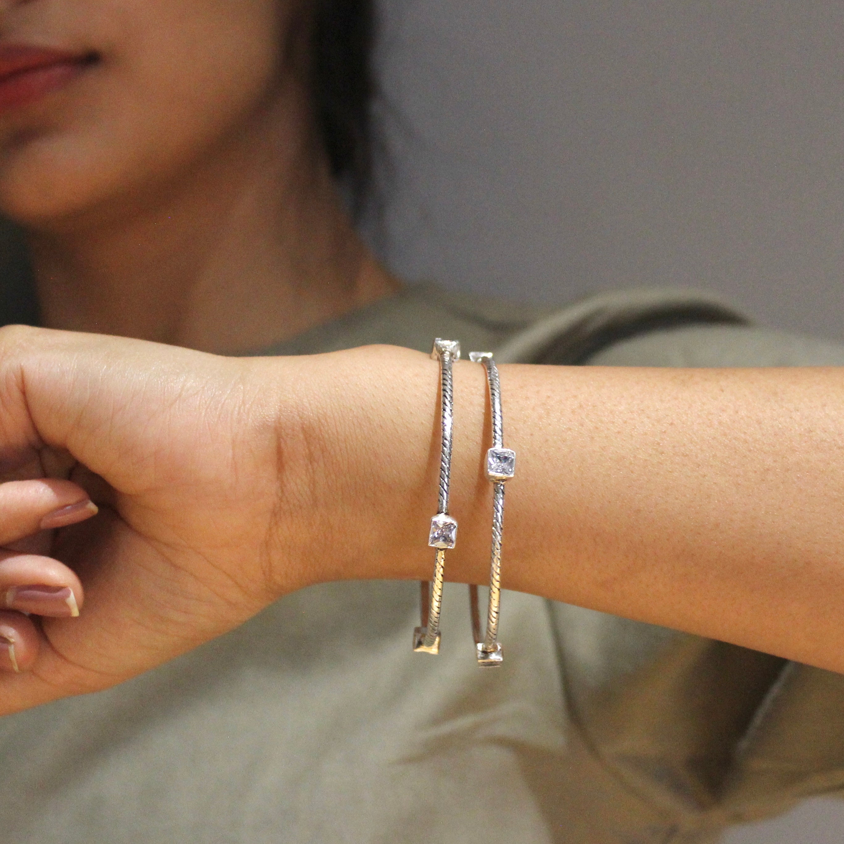 Zircon cube 925 oxidised silver bangles- Pair